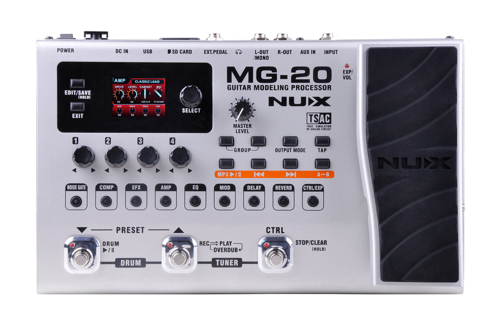 NUX MG-20 multi-effects processor — front panel knobs and footswitches