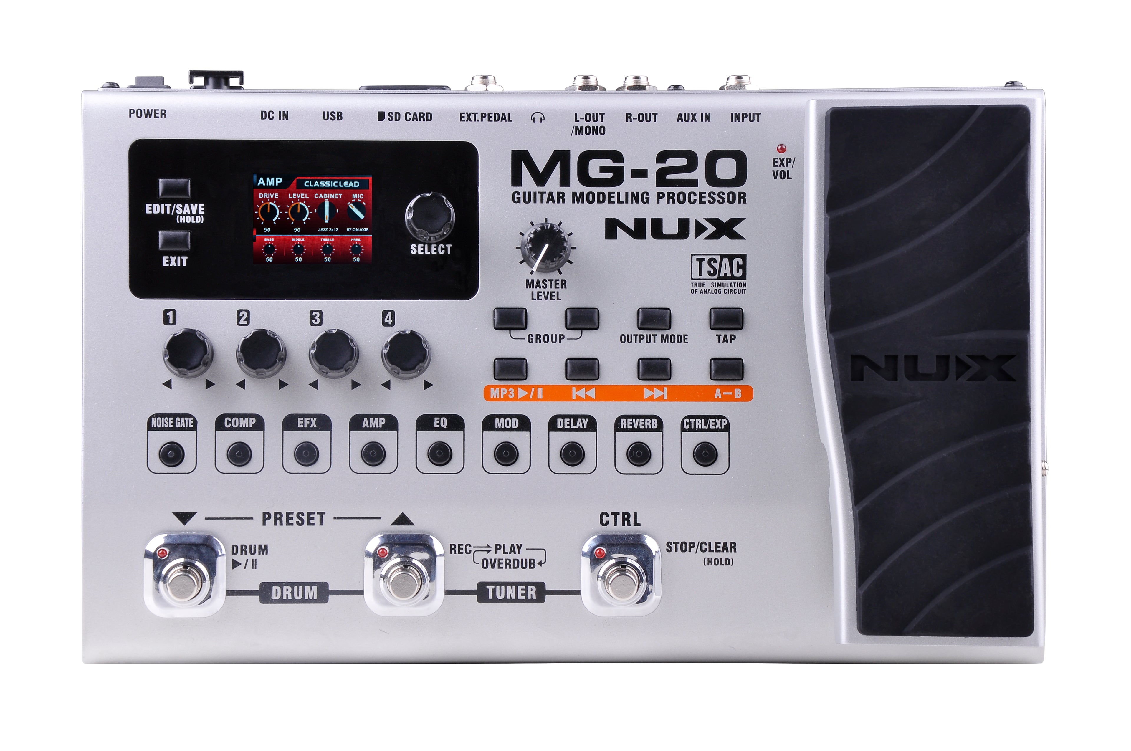 NUX MG-20 multi-effects processor — front panel knobs and footswitches
