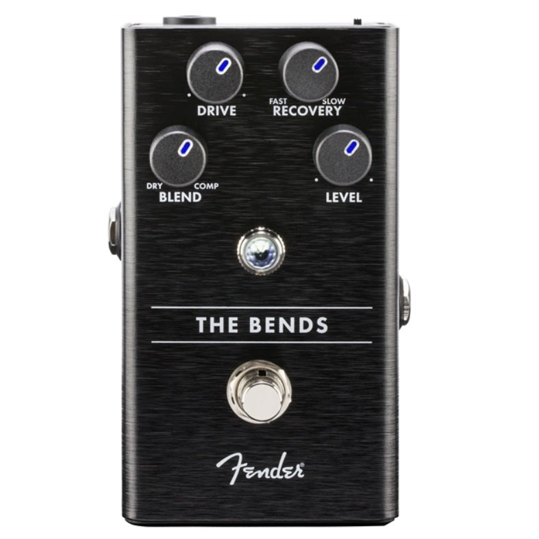 Fender The Bends compressor pedal — black enclosure, top view with Drive and Blend knobs