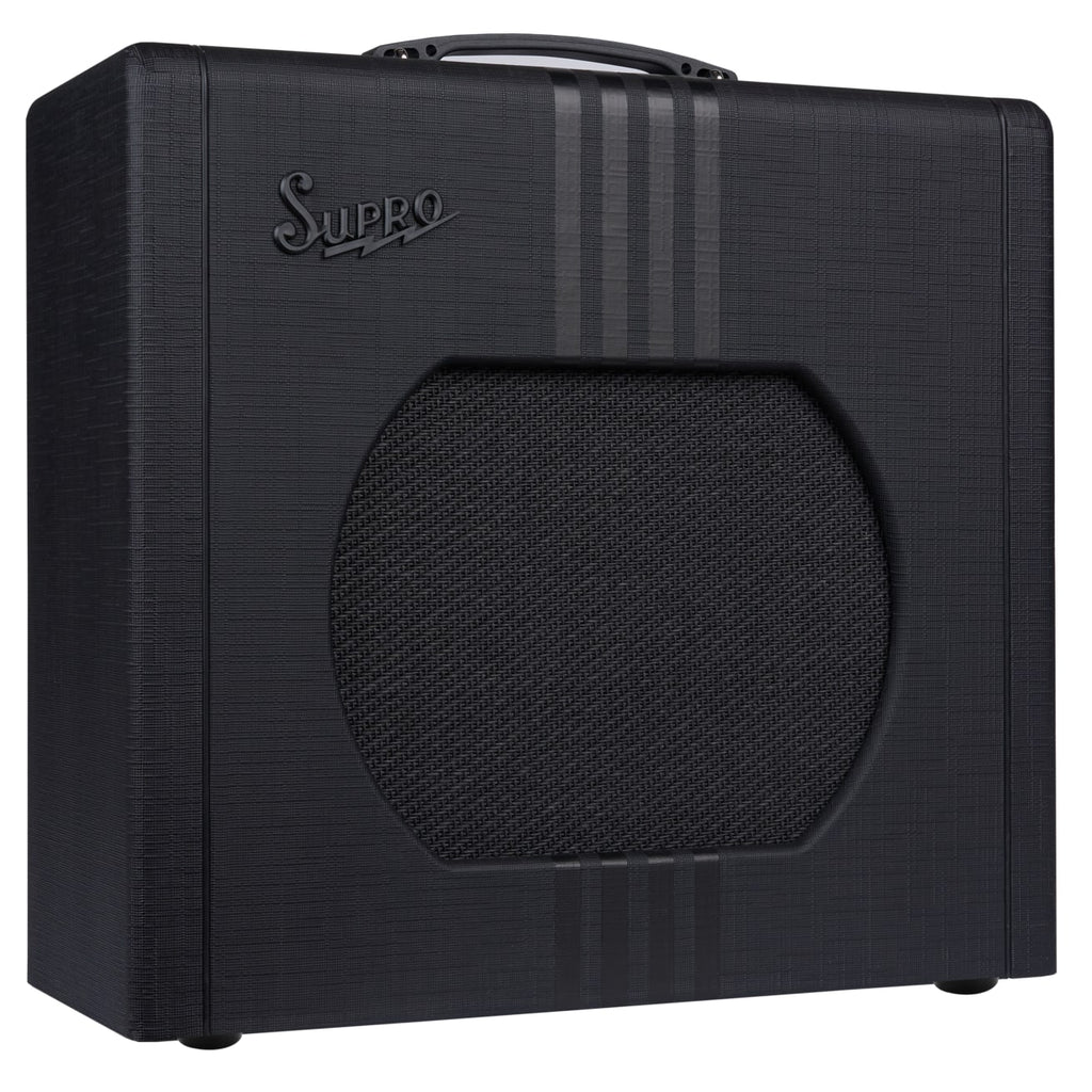 Supro Delta King 12 tube combo guitar amp, black tolex angled view