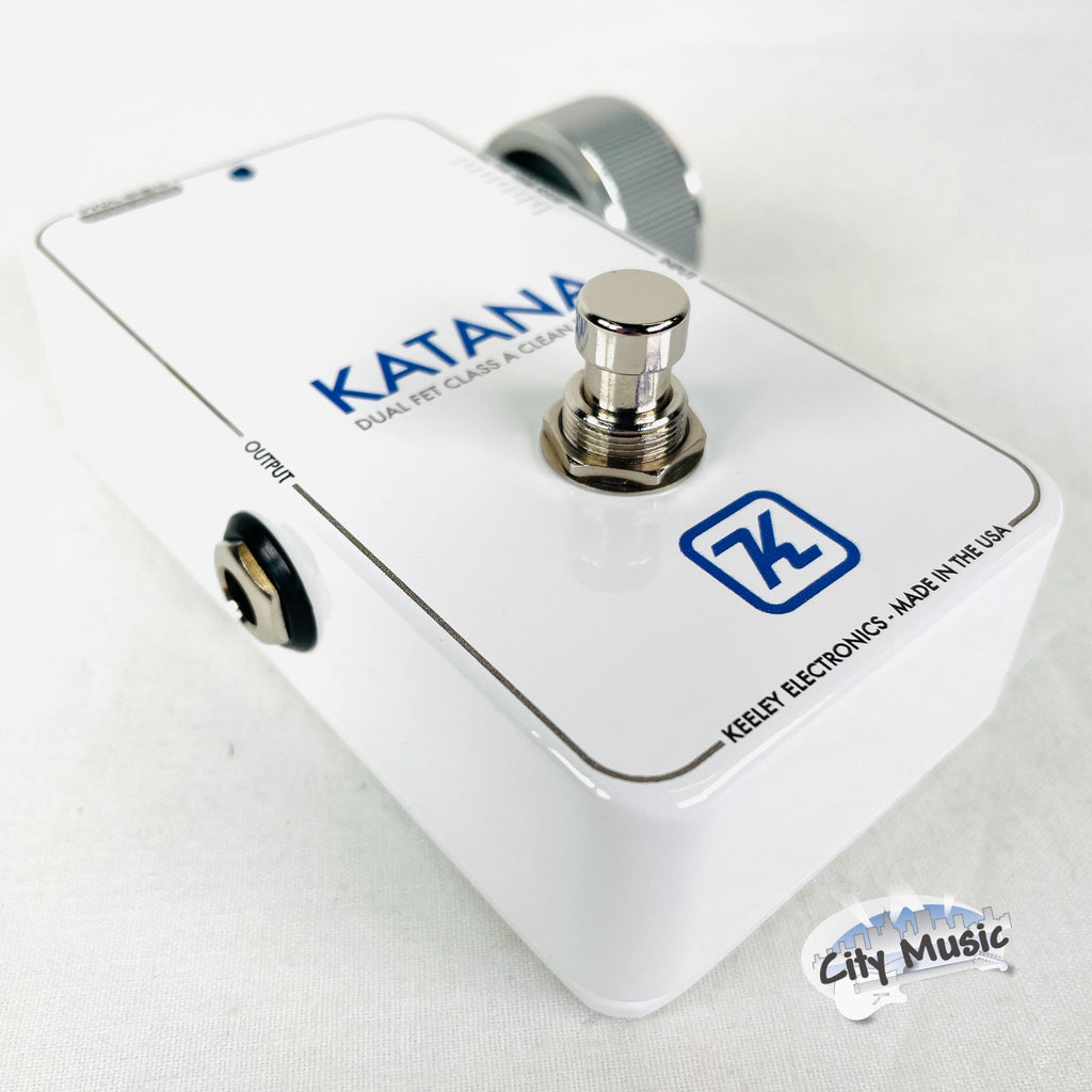 Keeley Katana Clean Boost pedal — angled view of chrome knob