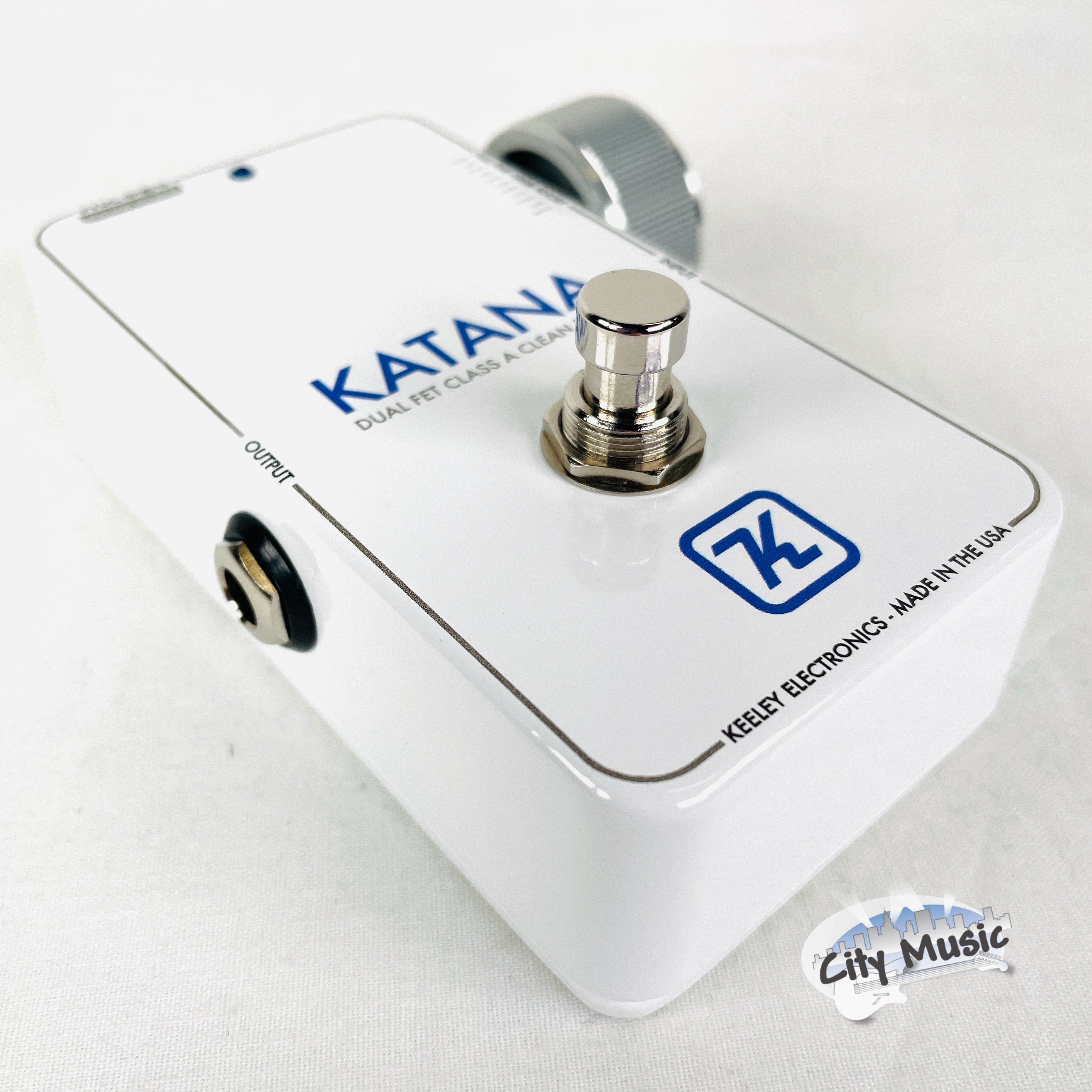 Keeley Katana Clean Boost pedal — angled view of chrome knob
