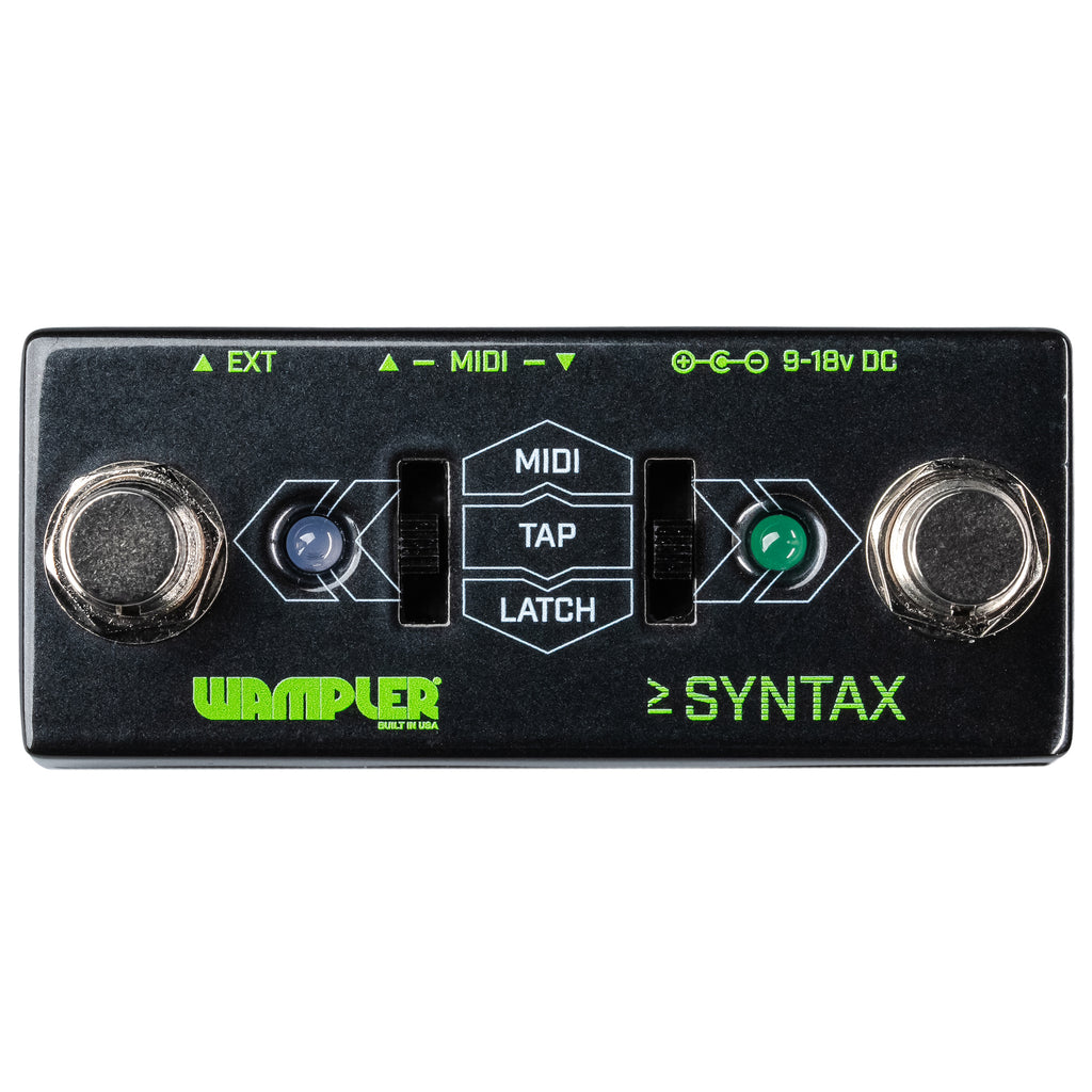 Wampler Syntax pedal - front view showing MIDI, TAP, LATCH slide switches