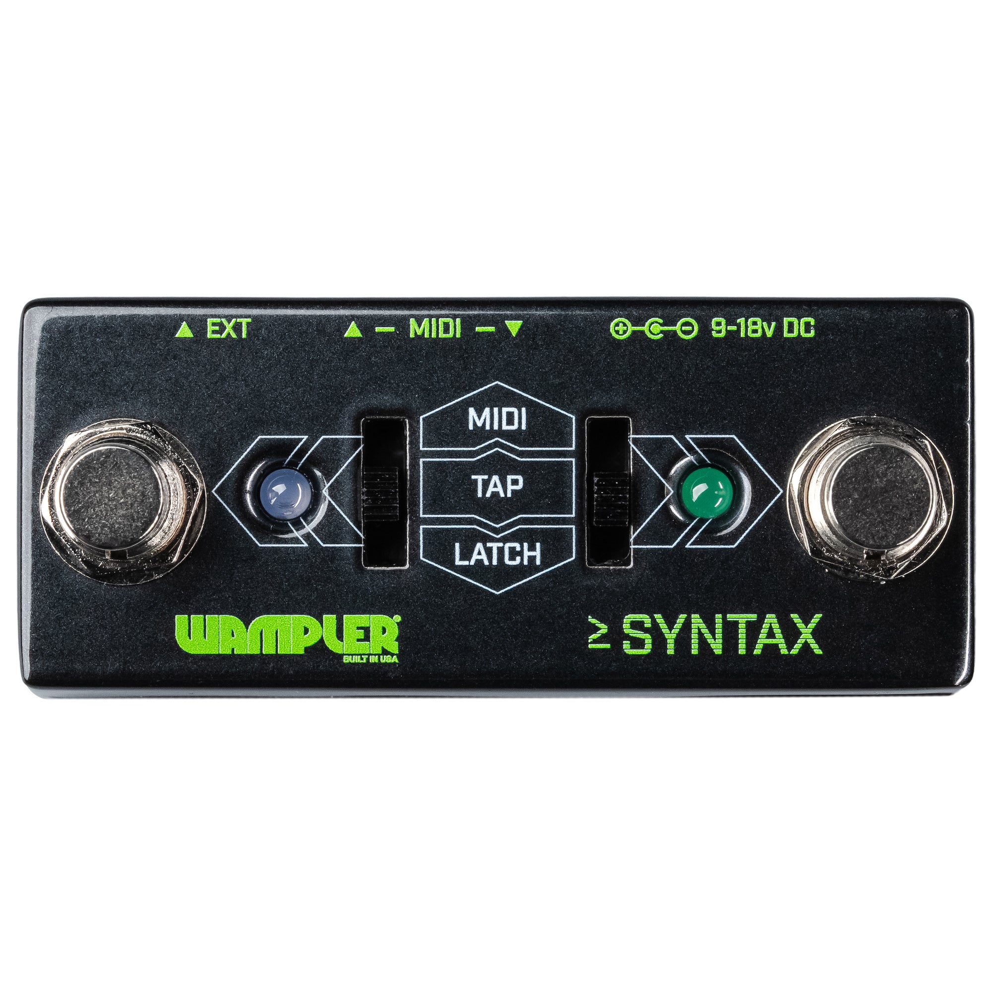 Wampler Syntax pedal - front view showing MIDI, TAP, LATCH slide switches