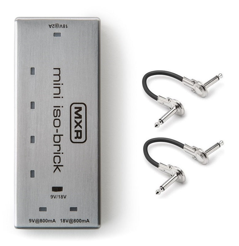 MXR M239 Mini Iso-Brick power supply — silver brushed enclosure with two patch cables