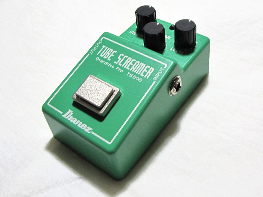 Used Ibanez TS808 Tube Screamer overdrive pedal - side view showing input and output jacks