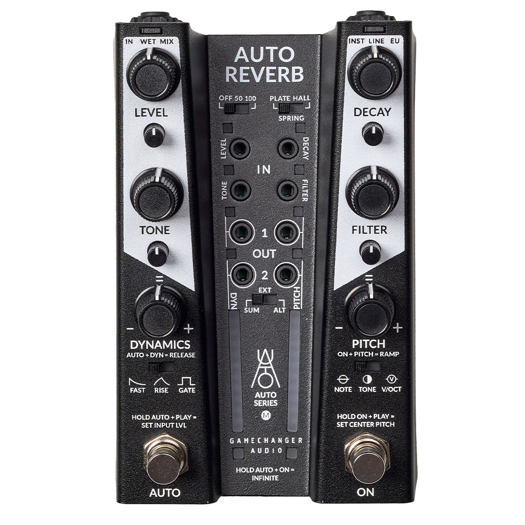 Gamechanger Audio Auto Reverb pedal in black and silver, top view