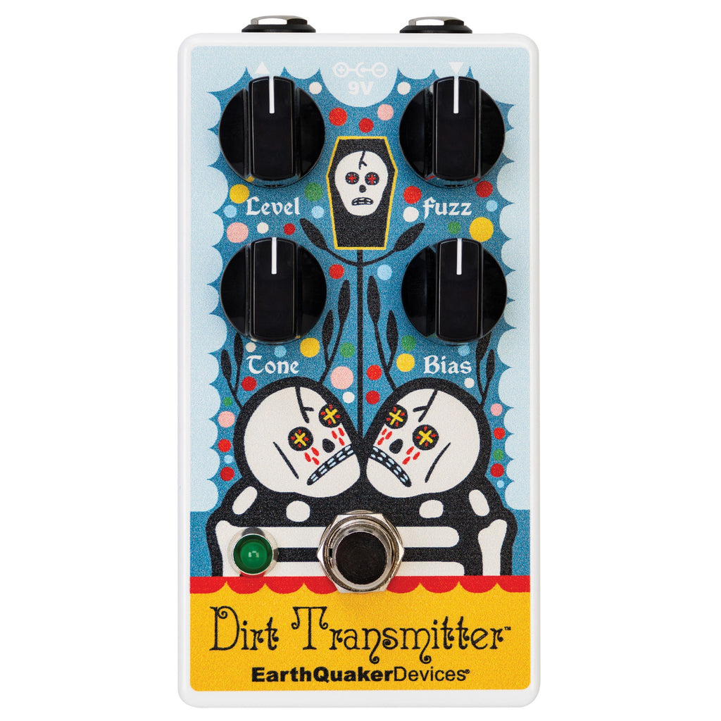 EarthQuaker Dirt Transmitter V2 Rancho fuzz pedal — top view, skull art