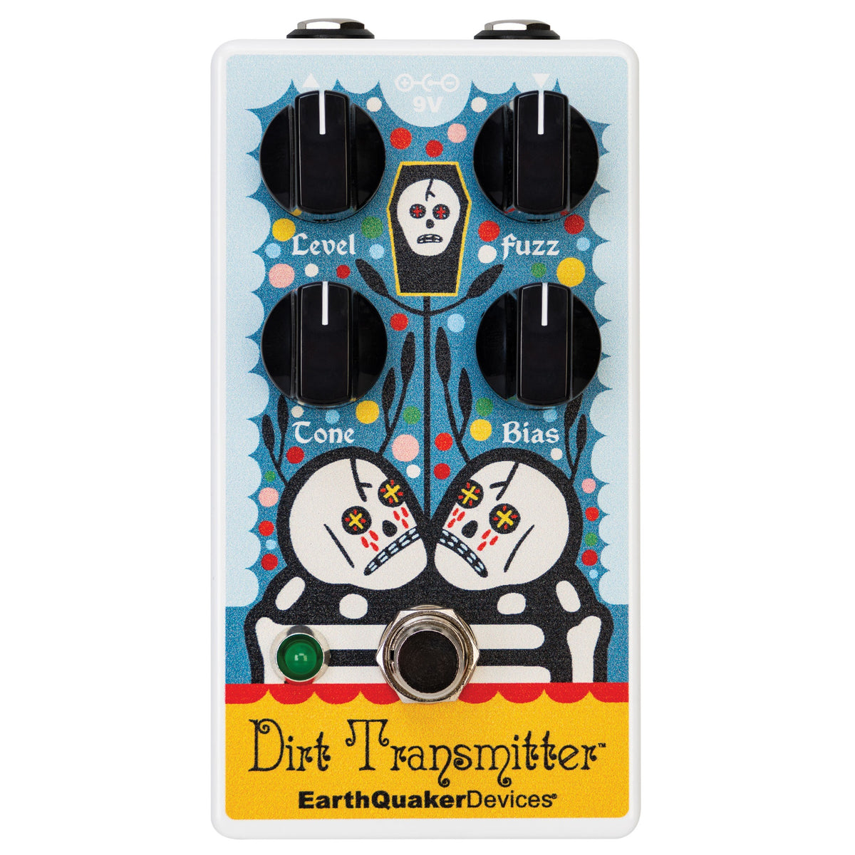 EarthQuaker Dirt Transmitter V2 Rancho fuzz pedal — top view, skull art