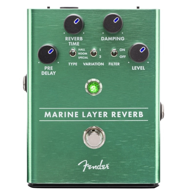 Fender Marine Layer Reverb pedal — green anodized aluminum enclosure, top view