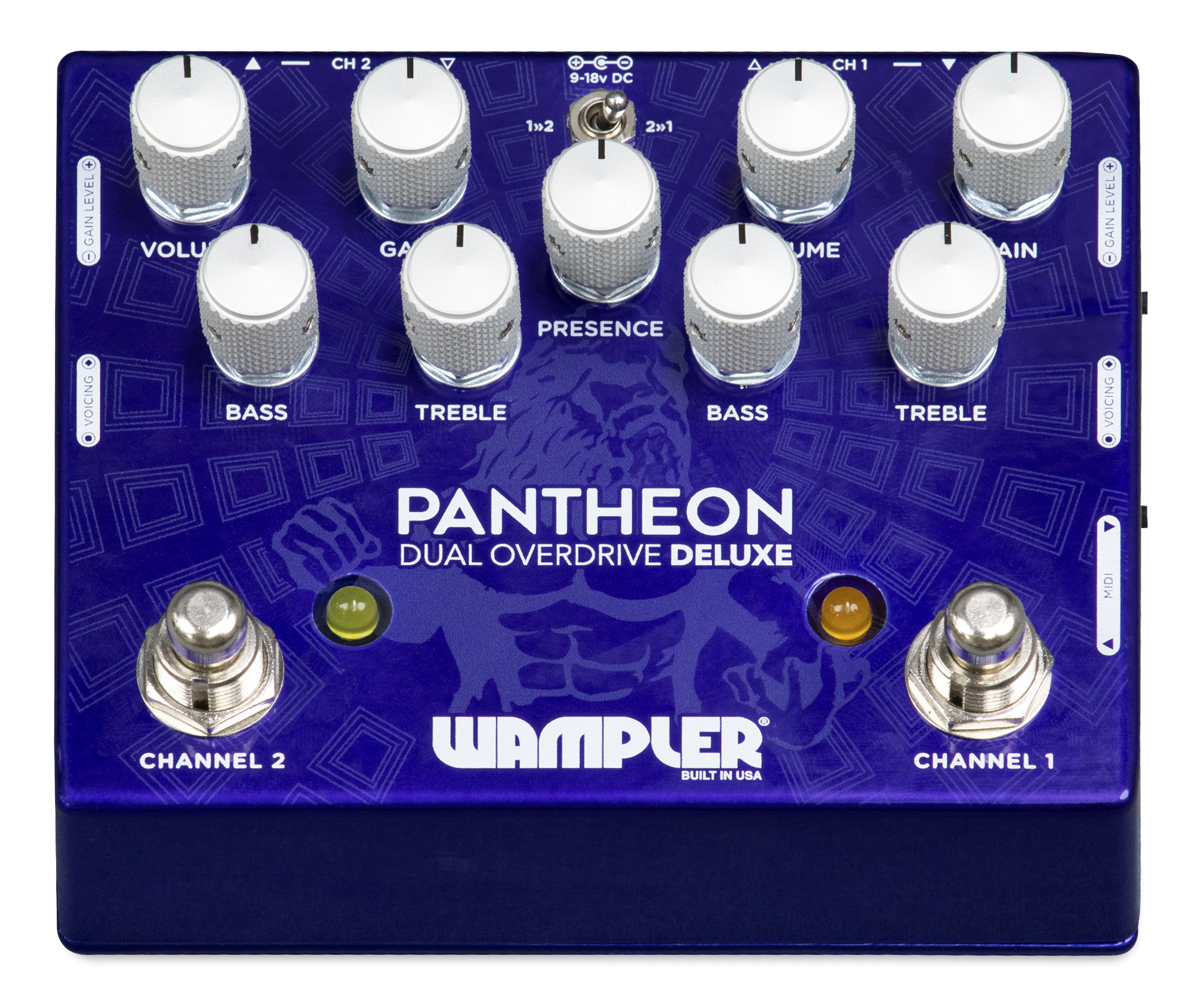 Wampler Dual Pantheon Deluxe overdrive pedal — side switches view