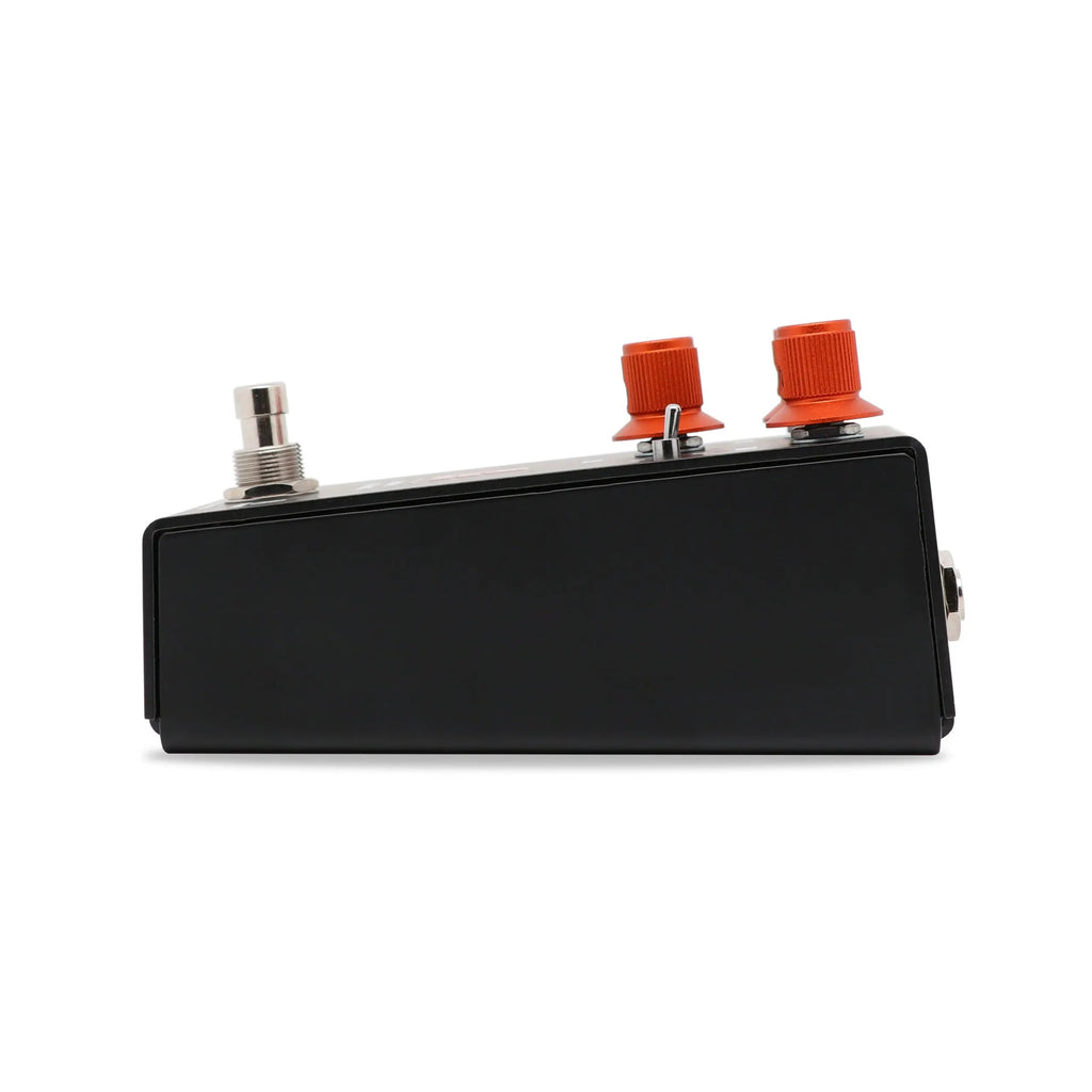 Keeley Angry Orange distortion fuzz pedal — footswitch and LED detail