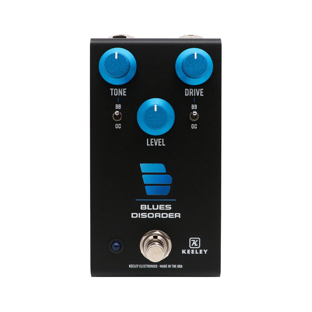 Keeley Blues Disorder overdrive distortion pedal — black enclosure angled view