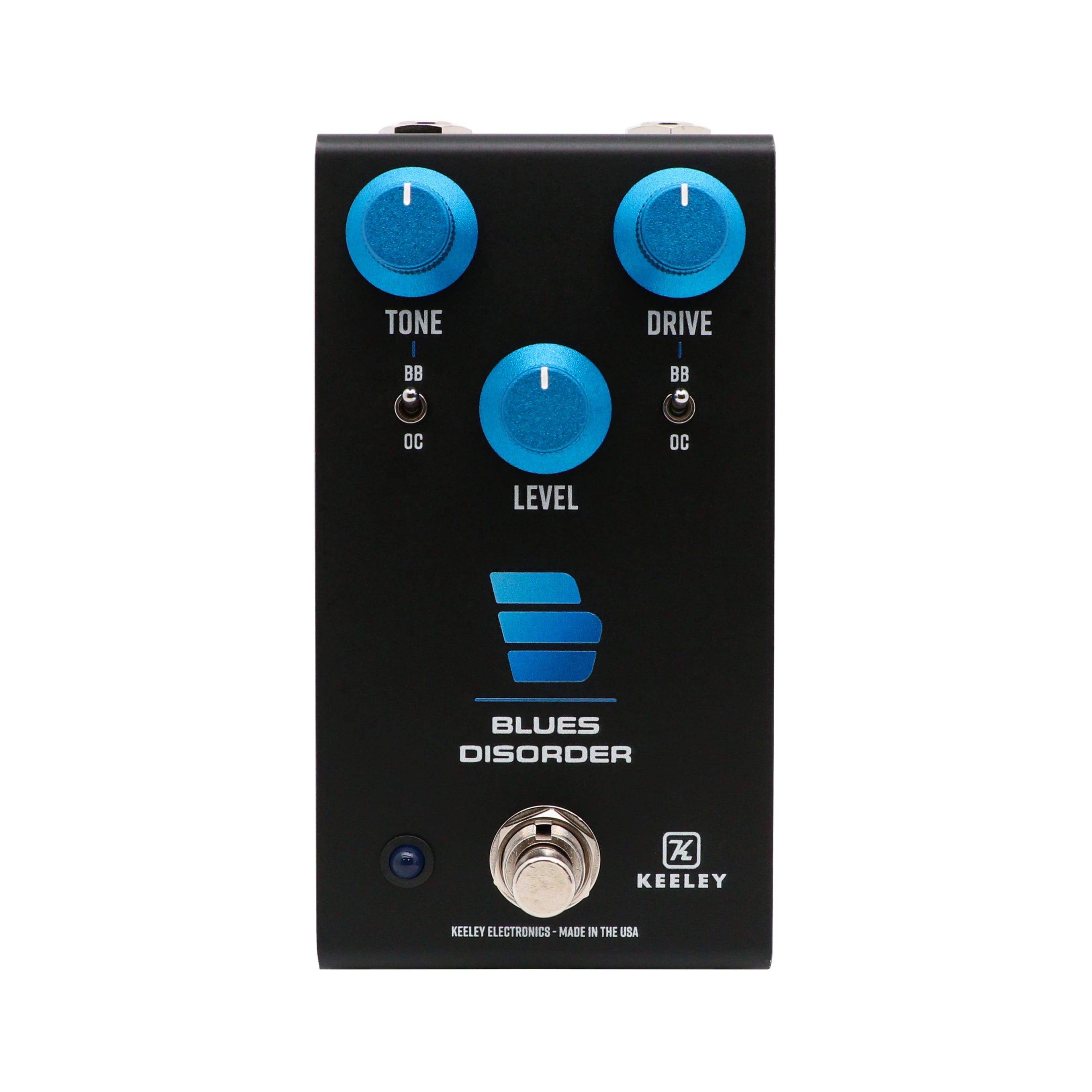 Keeley Blues Disorder overdrive distortion pedal — black enclosure angled view