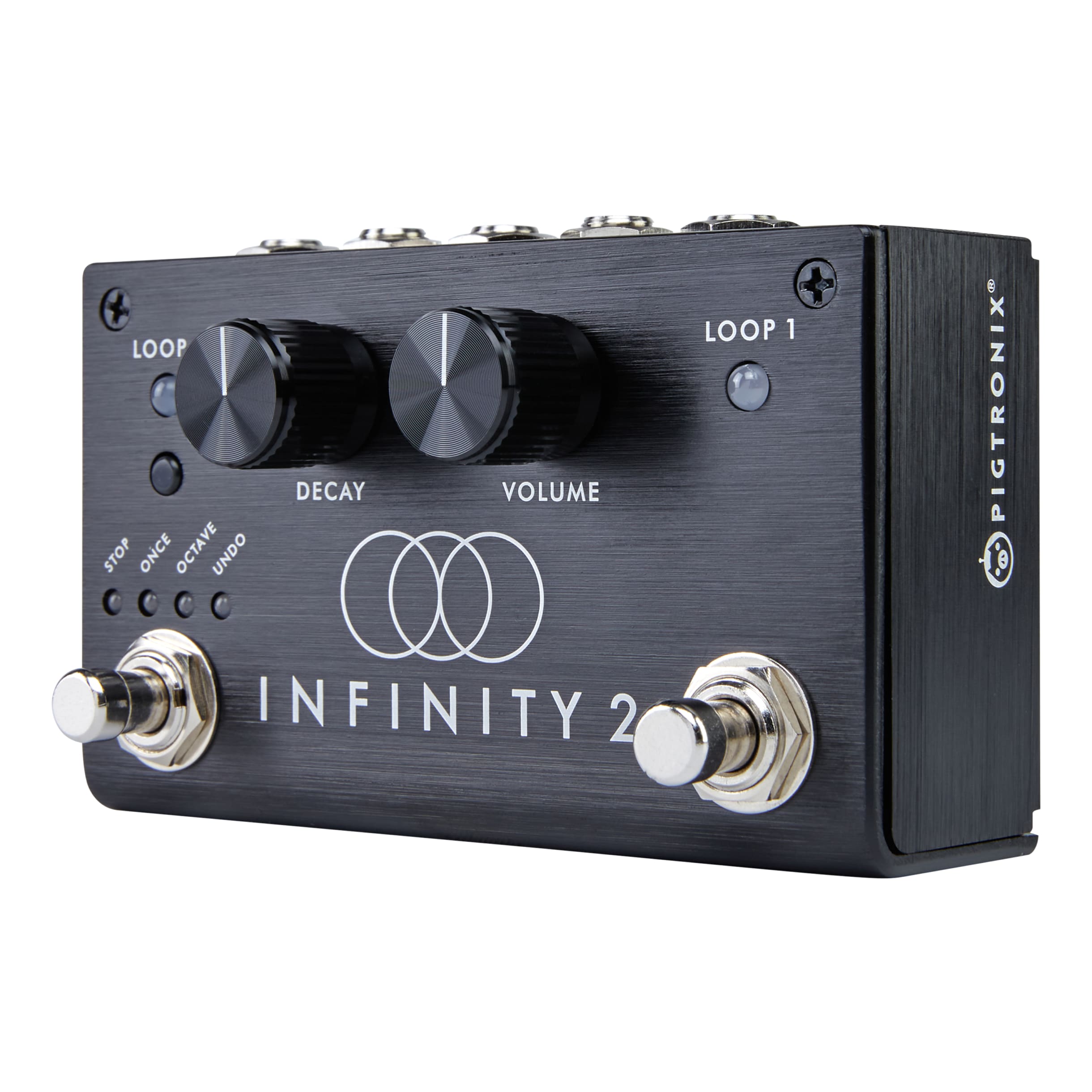 Pigtronix Infinity 2 looper pedal angled view of black enclosure