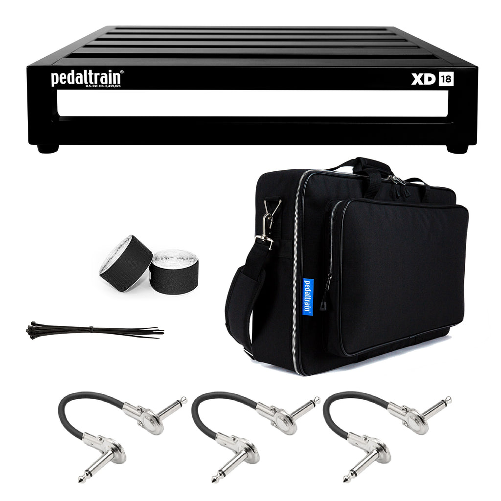 Pedaltrain XD-18 pedalboard — black six-rail board with soft case and patch cables