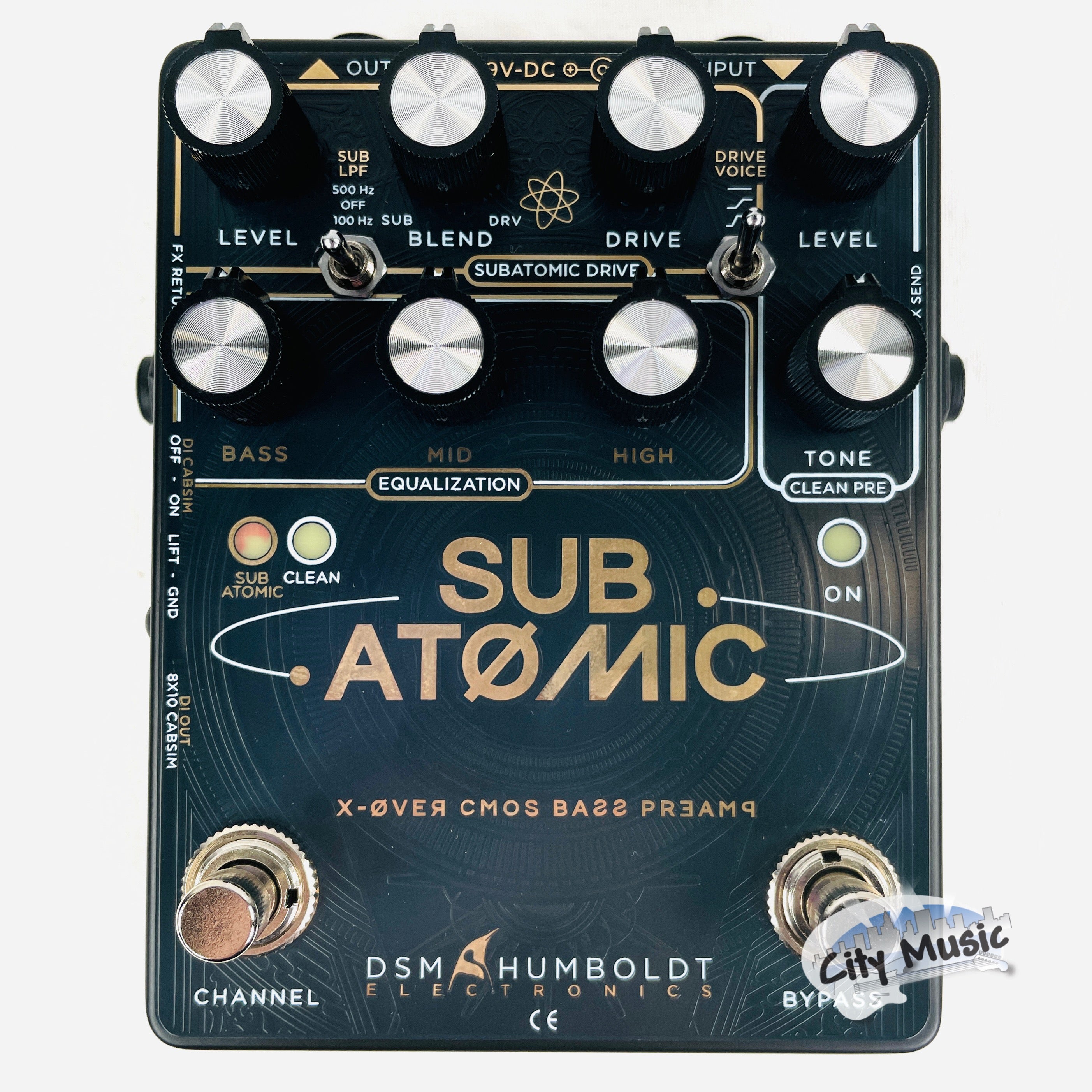 DSM & Humboldt Sub Atomic bass preamp pedal — angled view