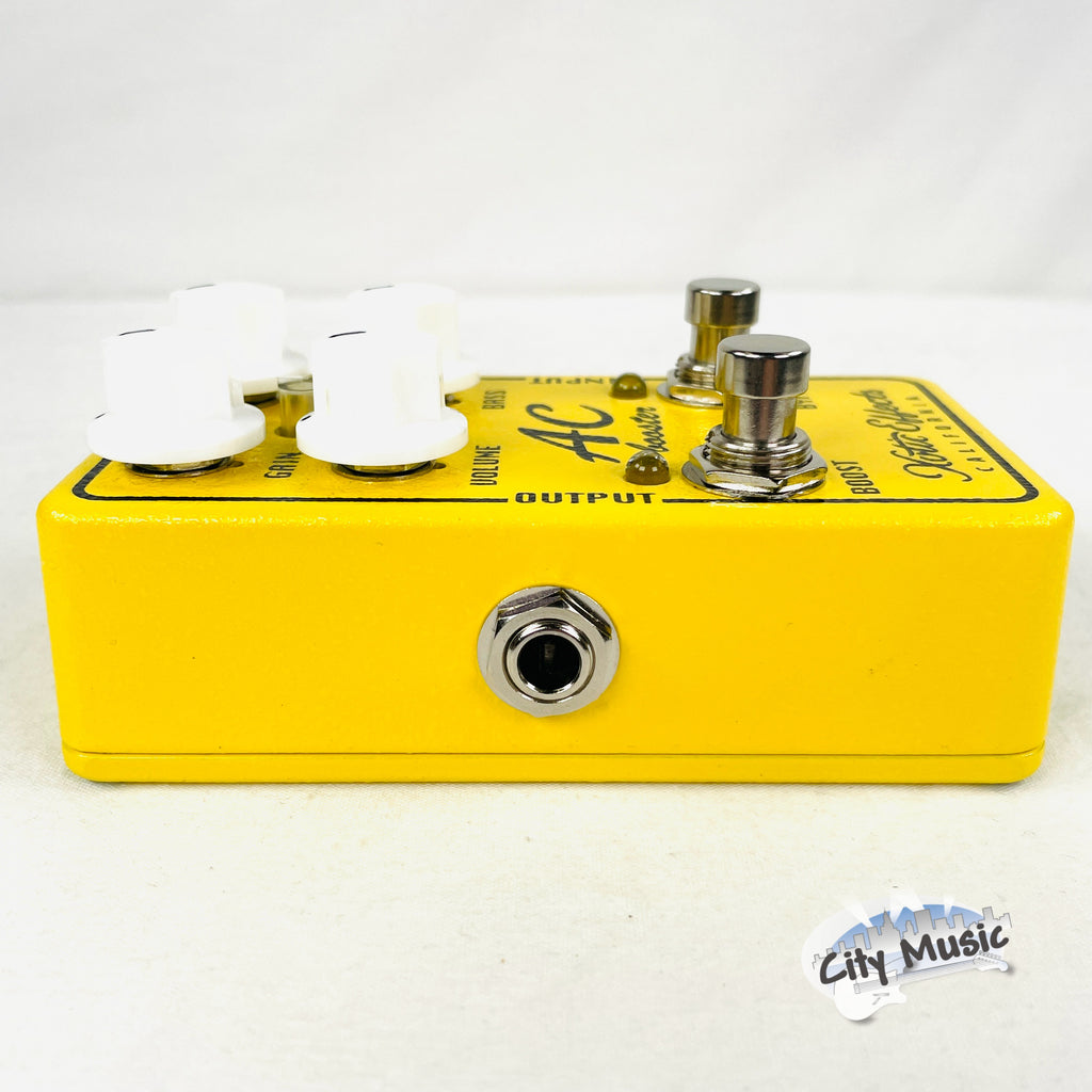 Xotic AC Booster V2 pedal — yellow, bottom plate view