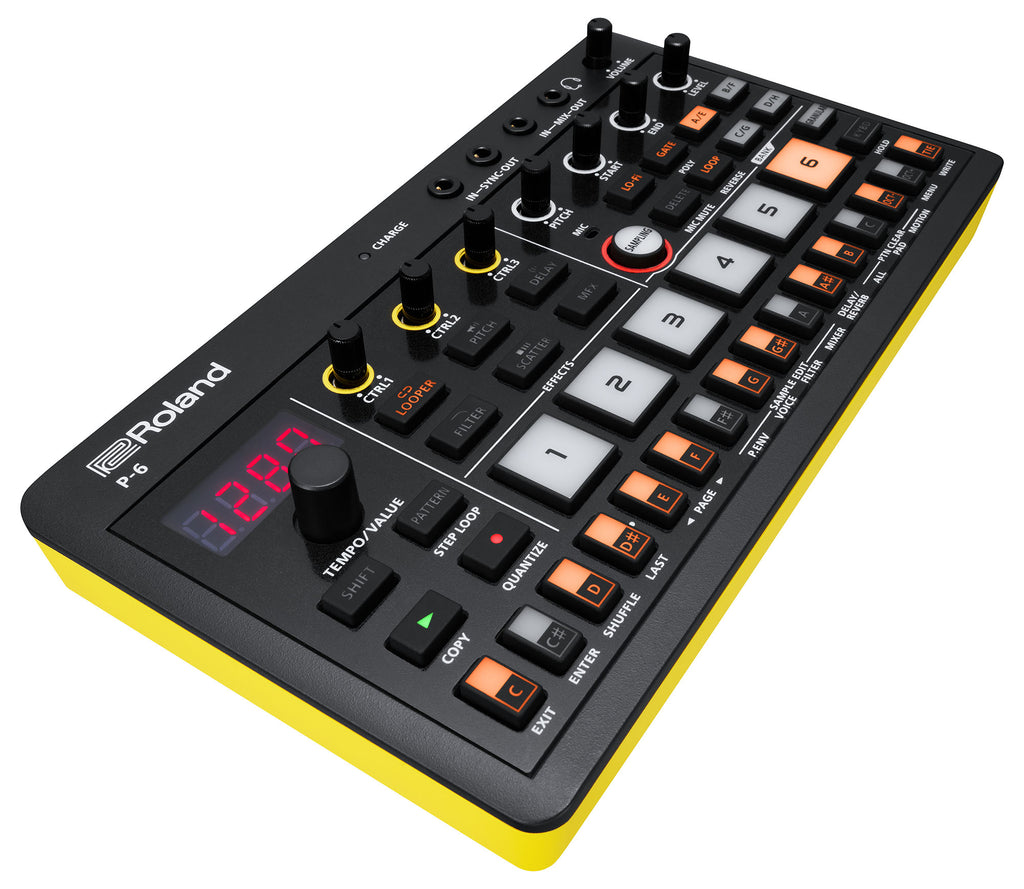 Roland P-6 AIRA Compact creative sampler — angled view with display