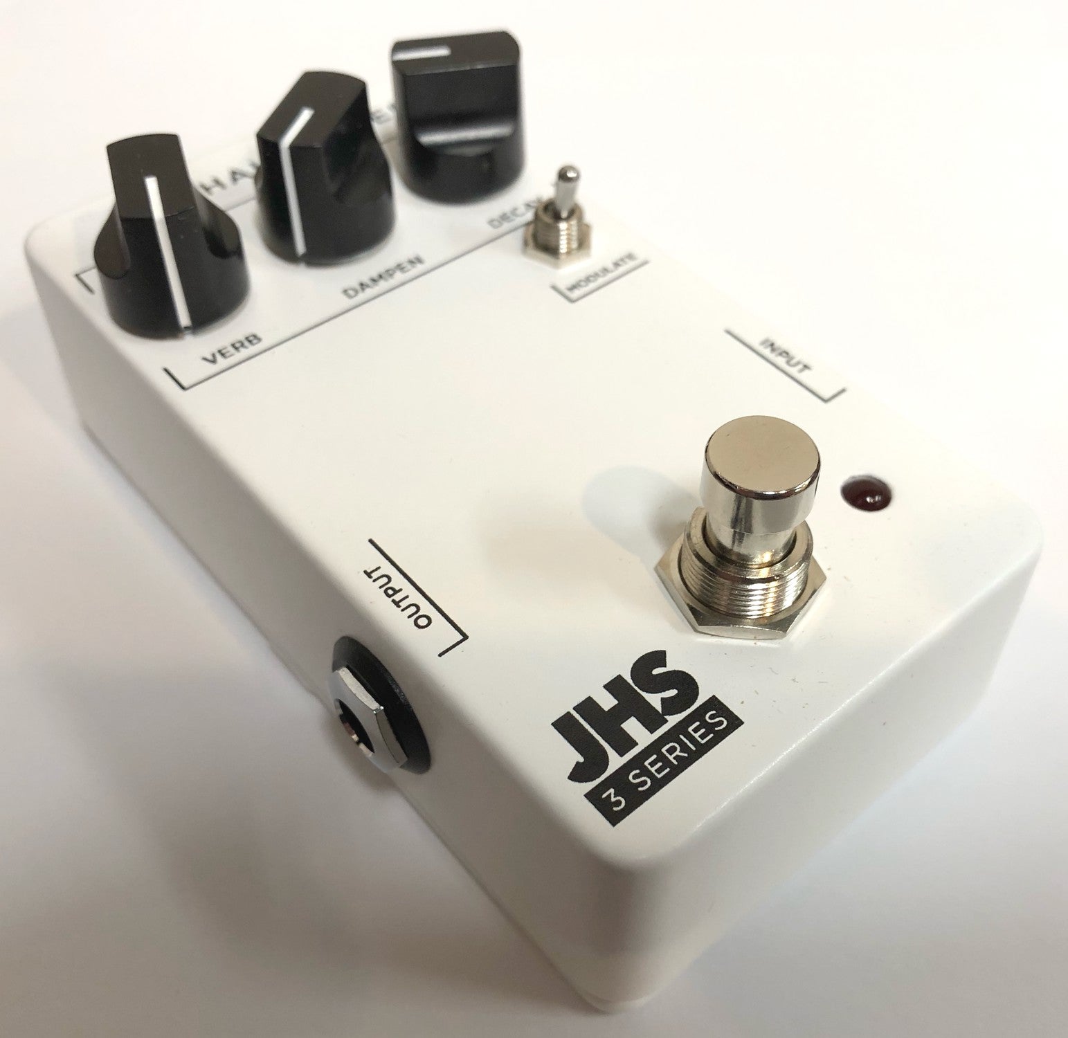 JHS 3 Series Hall Reverb pedal — white, angled view verb dampen decay