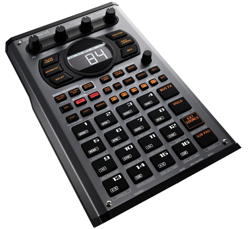 Roland SP-404MKII sampler — angled front panel view