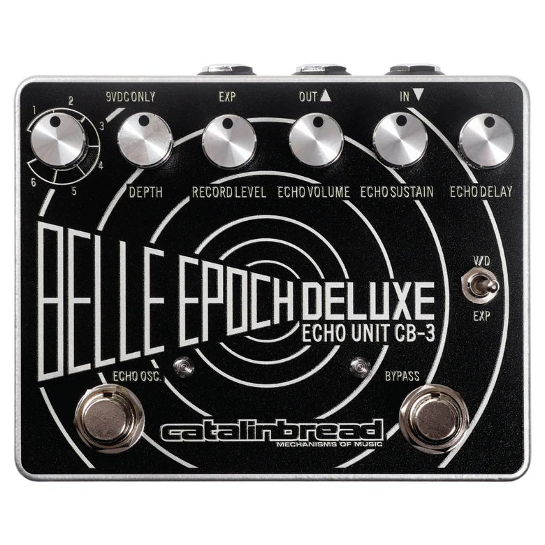 Catalinbread Belle Epoch Deluxe delay pedal — black and silver enclosure, top view with six knobs