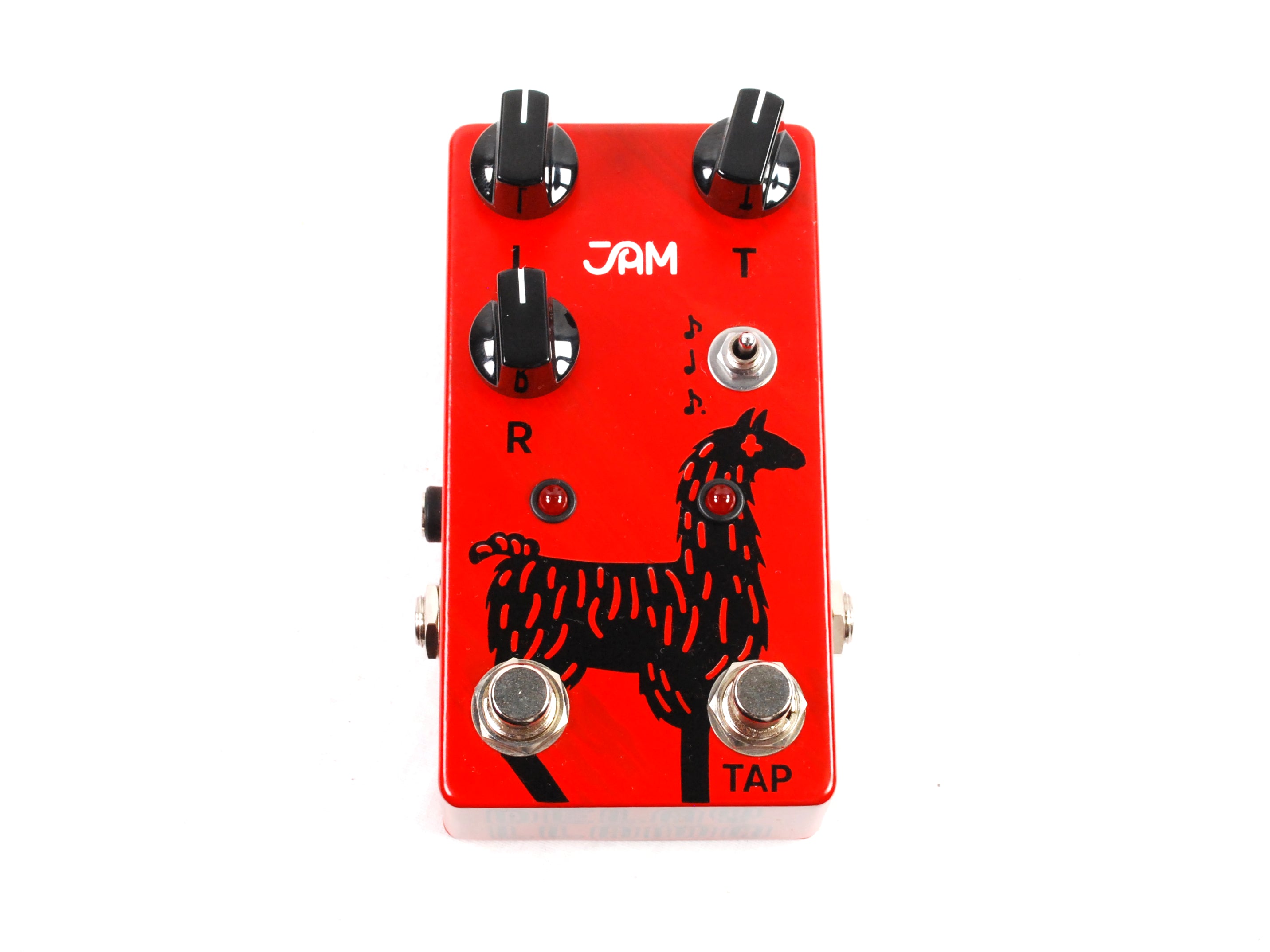 Used JAM Pedals Delay Llama mk.3 delay pedal — red enclosure, angled view