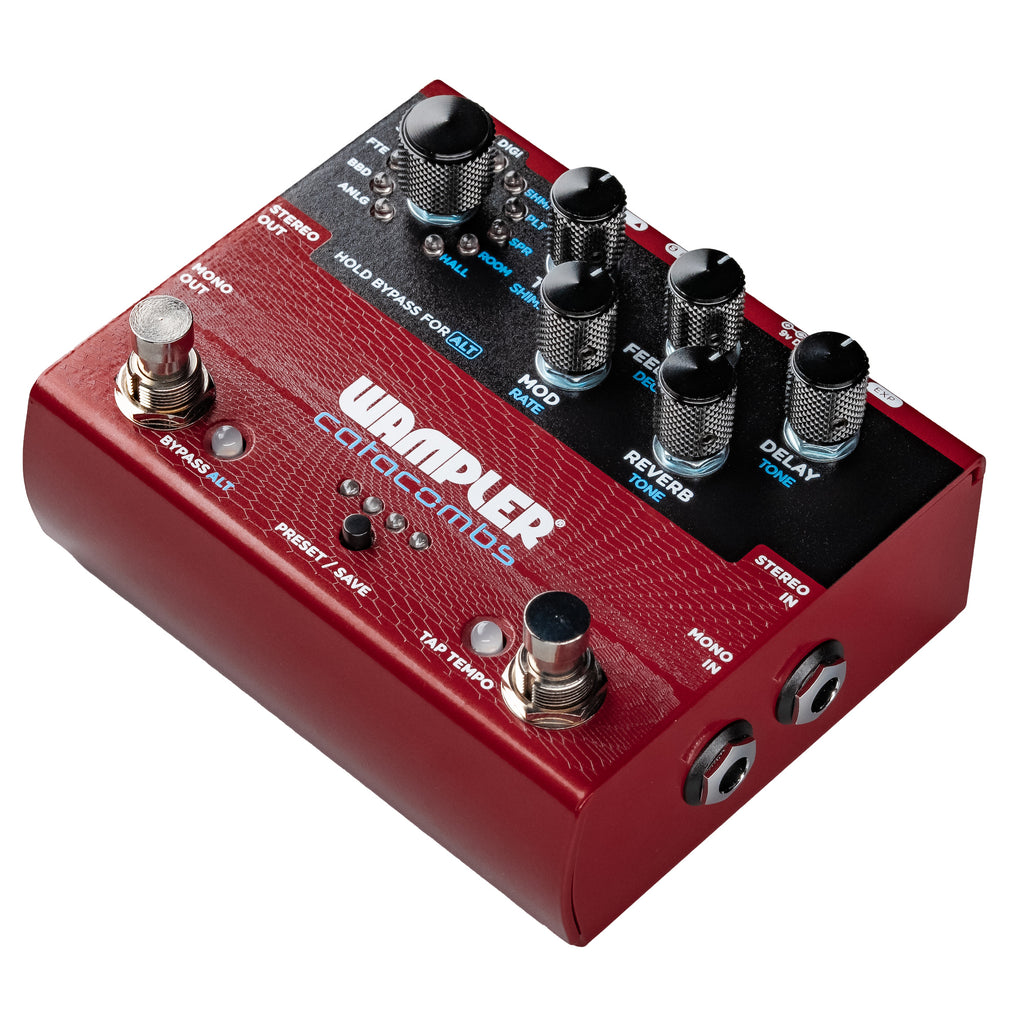 Wampler Catacombs reverb delay pedal — footswitches and preset detail