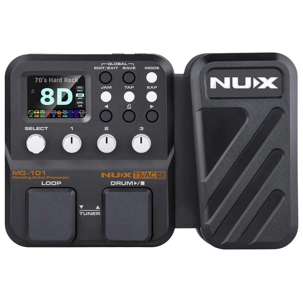 NUX MG-101 modeling guitar processor — black multi-effects with expression pedal