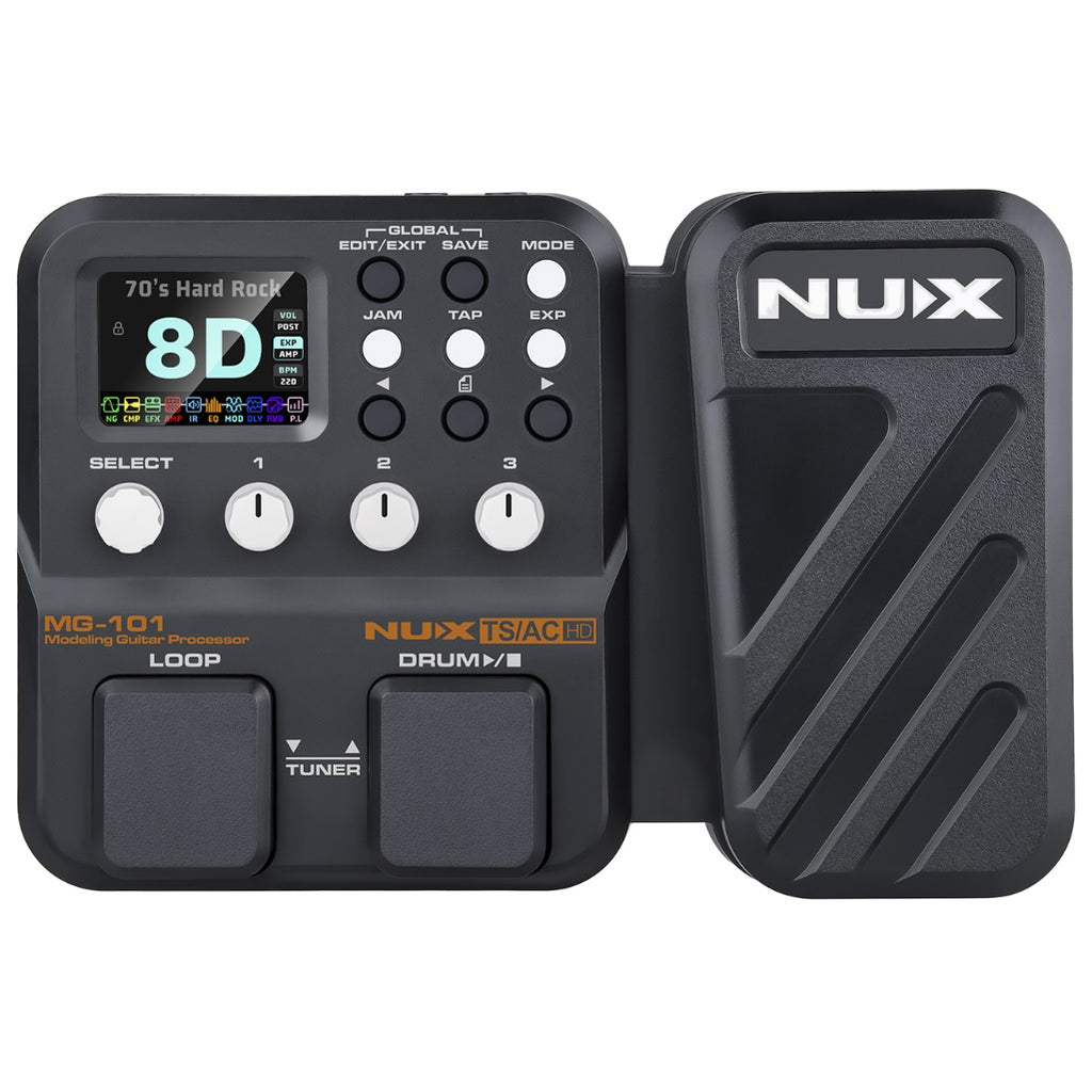 NUX MG-101 modeling guitar processor — controls and color display