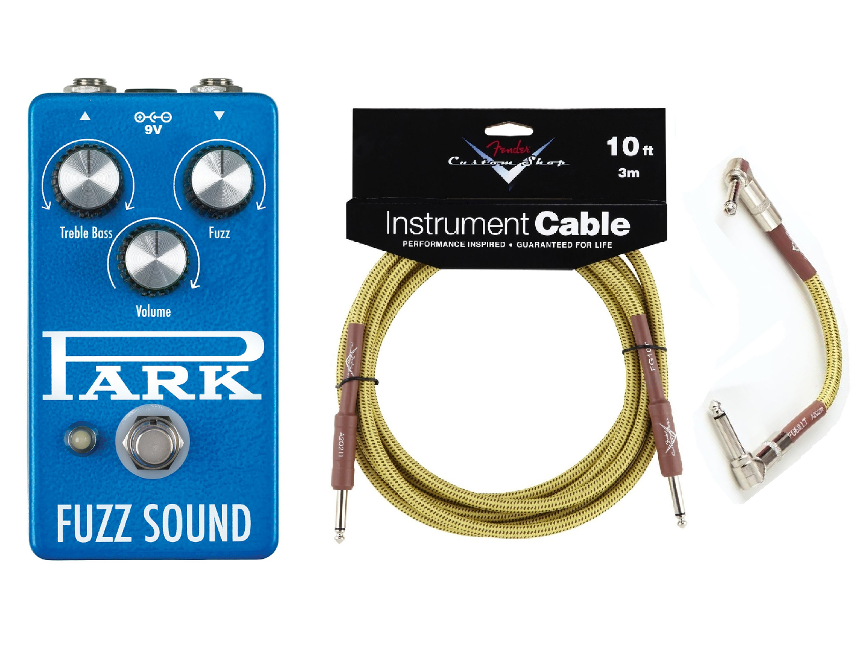 EarthQuaker Devices Park Fuzz Sound pedal — blue, with Fender cables