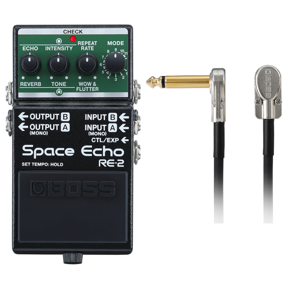 Boss RE-2 Space Echo pedal — top view with green panel and included patch cable