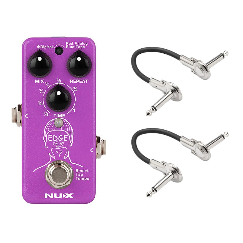 NUX NDD-3 Edge Delay pedal — purple enclosure with two included patch cables