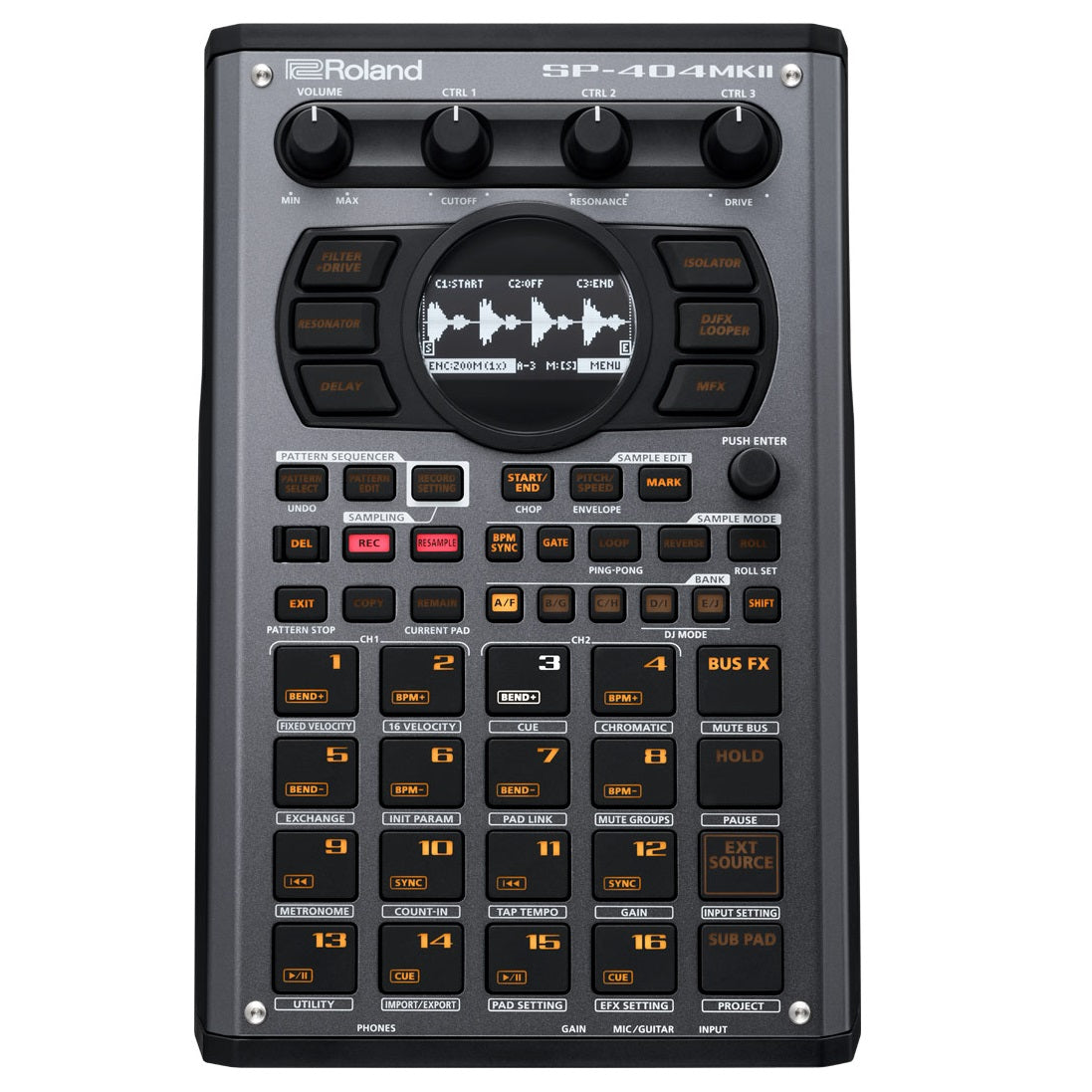 Roland SP-404MKII linear wave sampler — top view with pads and OLED display