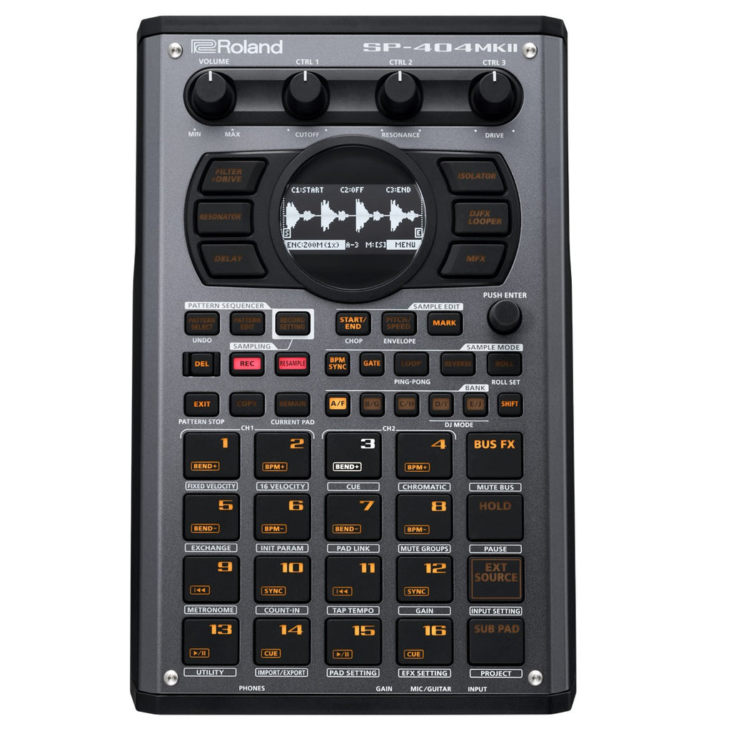 Roland SP-404MKII sampler — control knobs and effect buttons detail