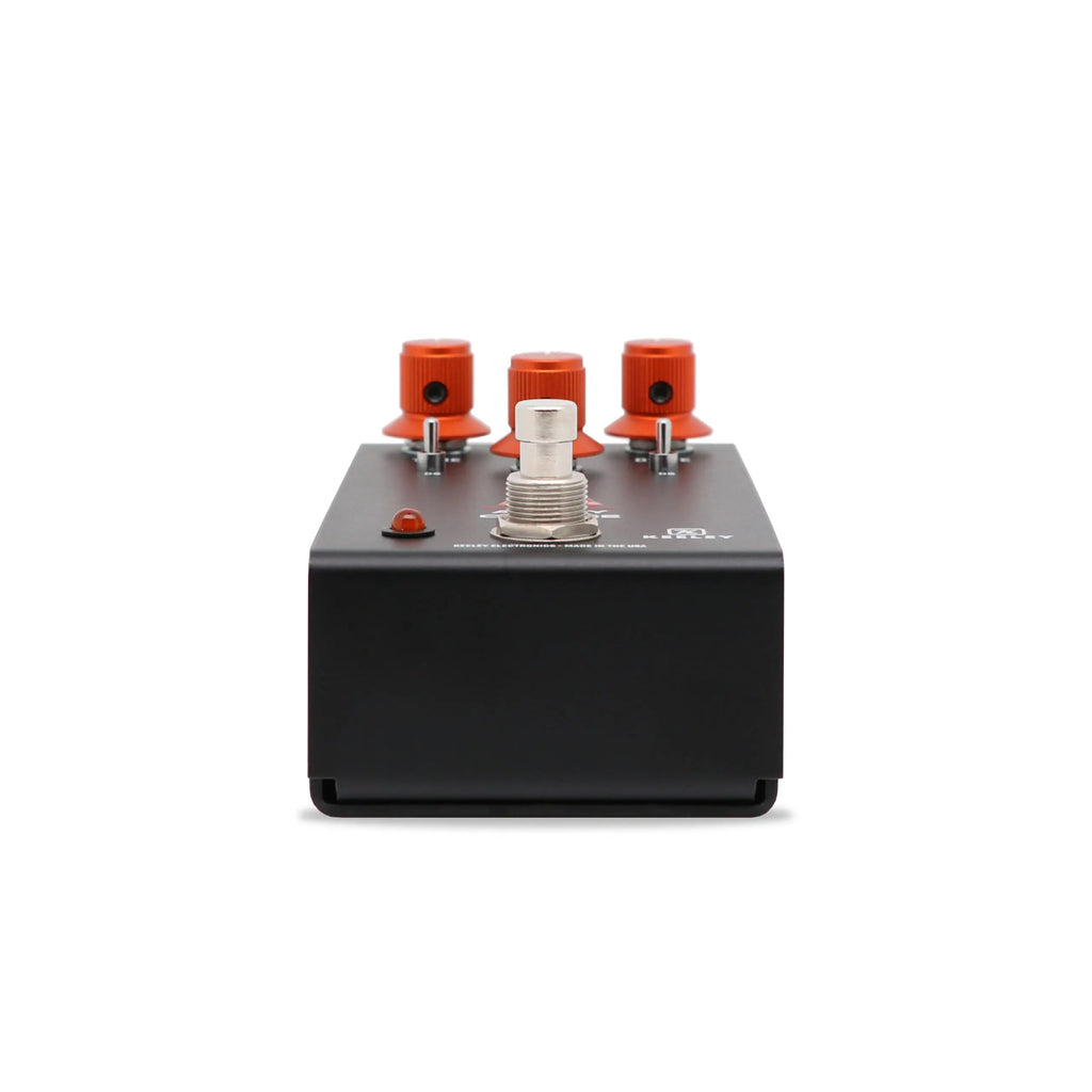 Keeley Angry Orange distortion fuzz pedal — top control knobs detail
