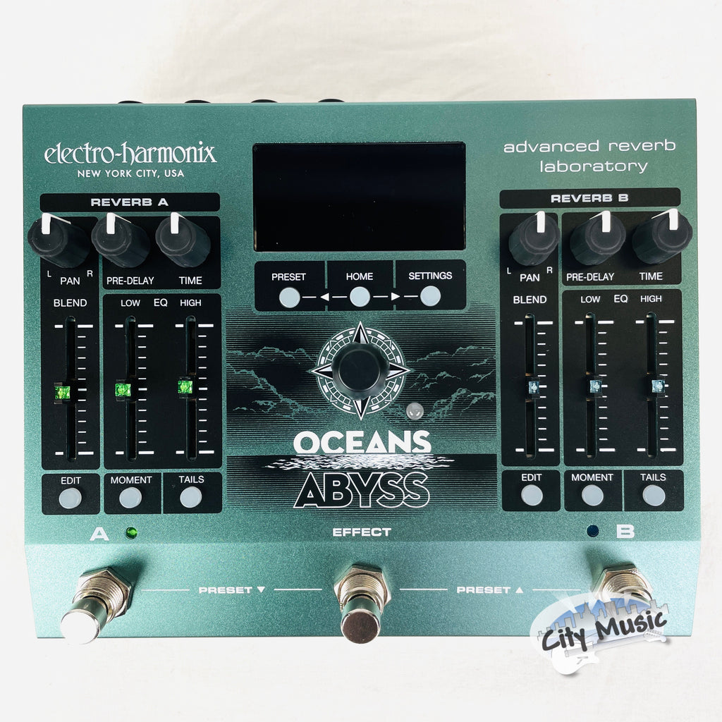 Electro-Harmonix Oceans Abyss reverb pedal — angled top view
