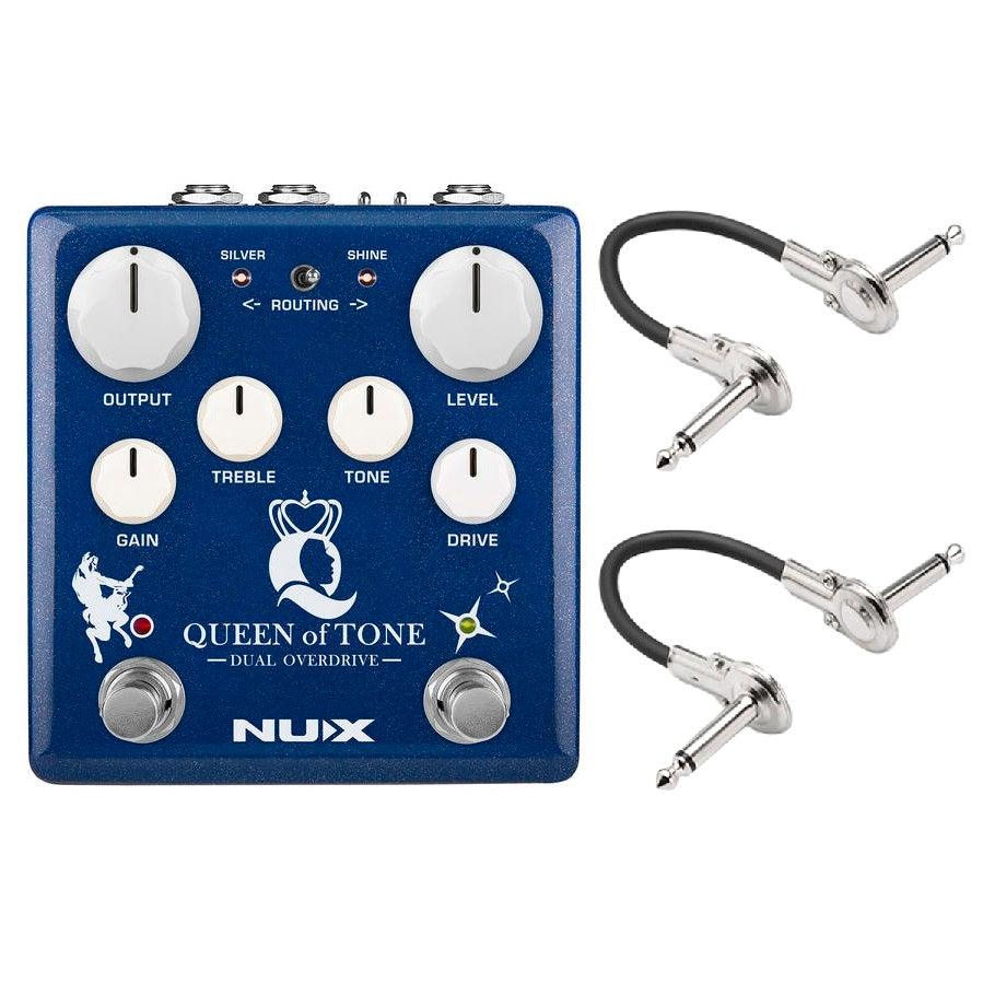 NUX NDO-6 Queen of Tone overdrive pedal — blue enclosure with two included patch cables