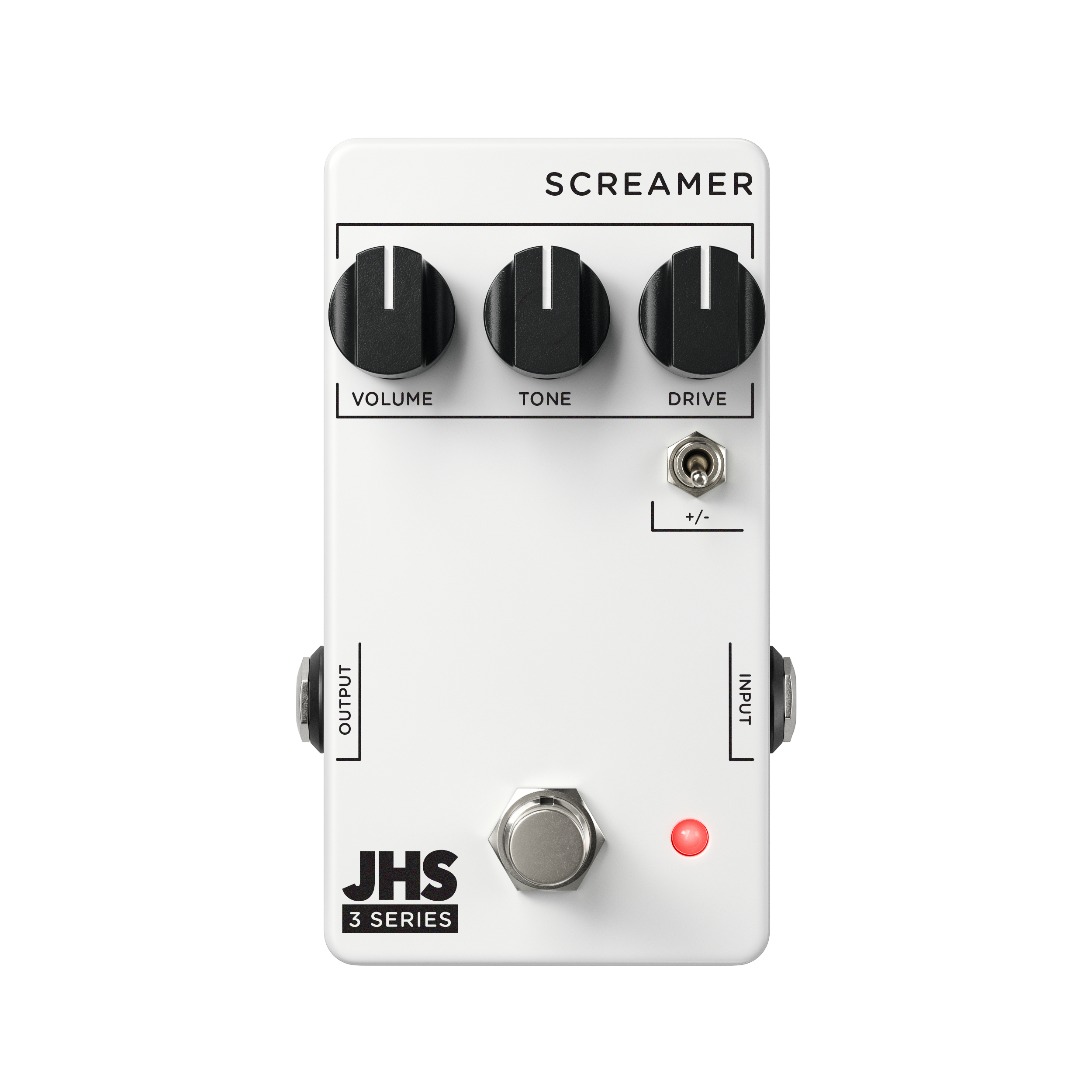 JHS 3 Series Screamer overdrive pedal — white, +/- clipping toggle