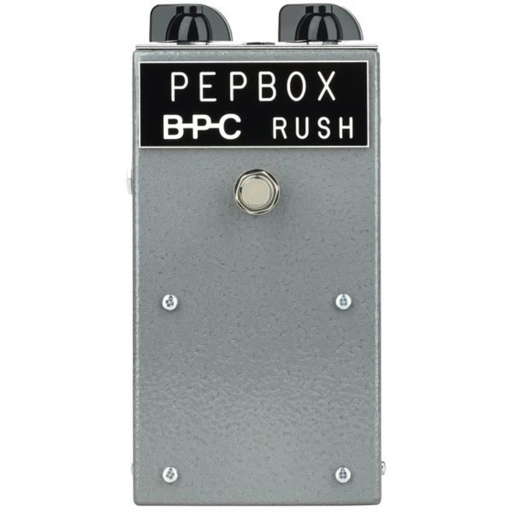 British Pedal Company Pepbox Rush fuzz pedal — front panel, silver enclosure