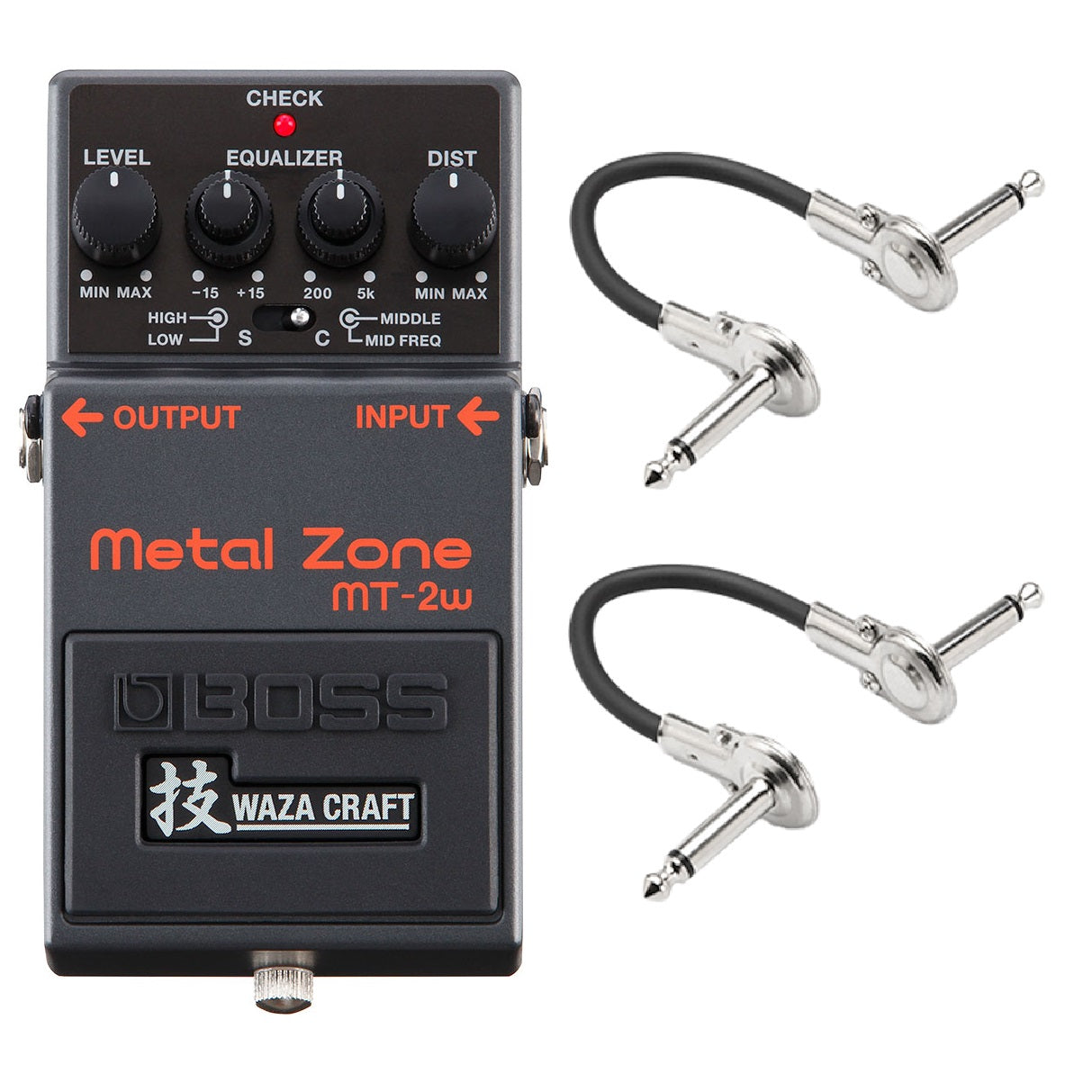 Boss MT-2W Waza Craft Metal Zone distortion pedal — front with two patch cables