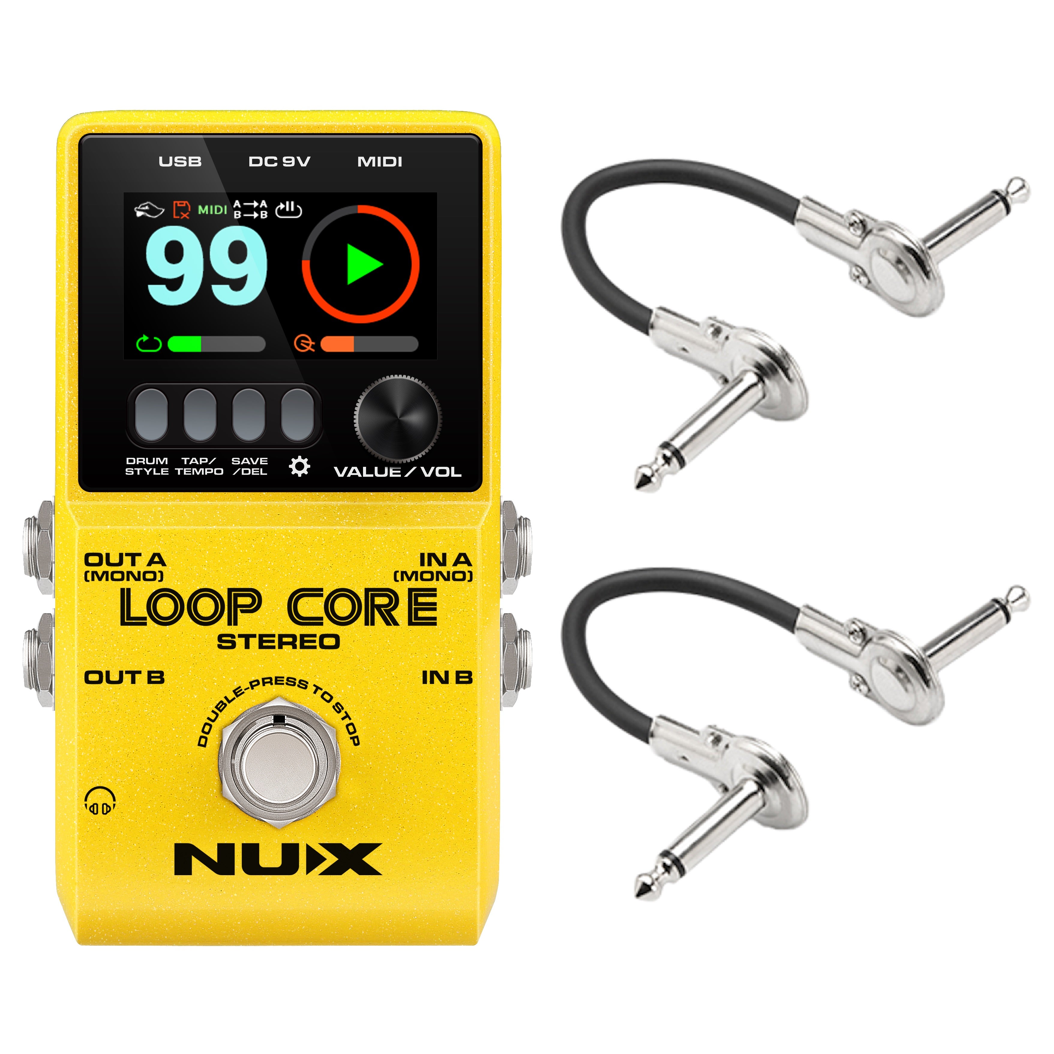 NUX Loop Core Stereo looper pedal — yellow enclosure angled view