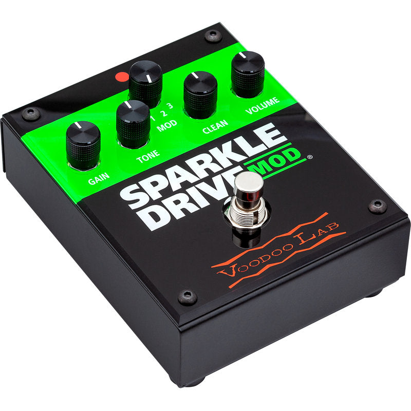 Voodoo Lab Sparkle Drive Mod overdrive pedal — angled view with footswitch