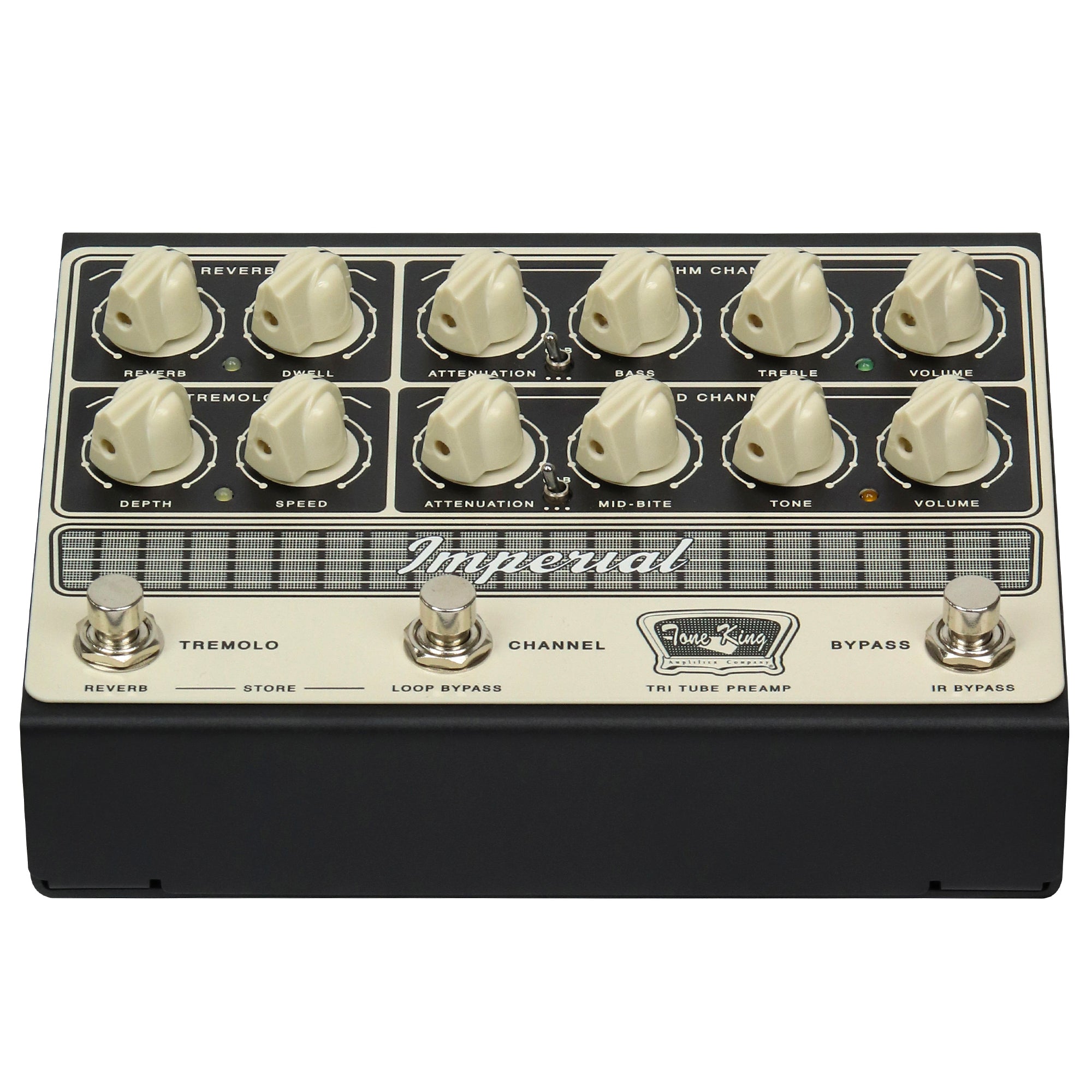 Tone King Imperial tri-tube preamp pedal — channel controls detail