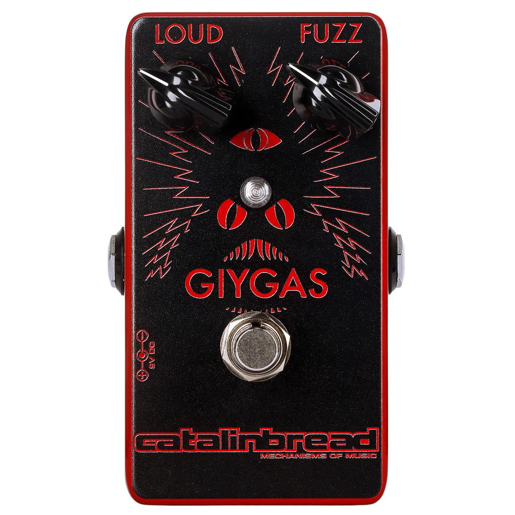 Catalinbread Giygas 2K fuzz pedal — black enclosure with red graphics, top view with Loud and Fuzz knobs