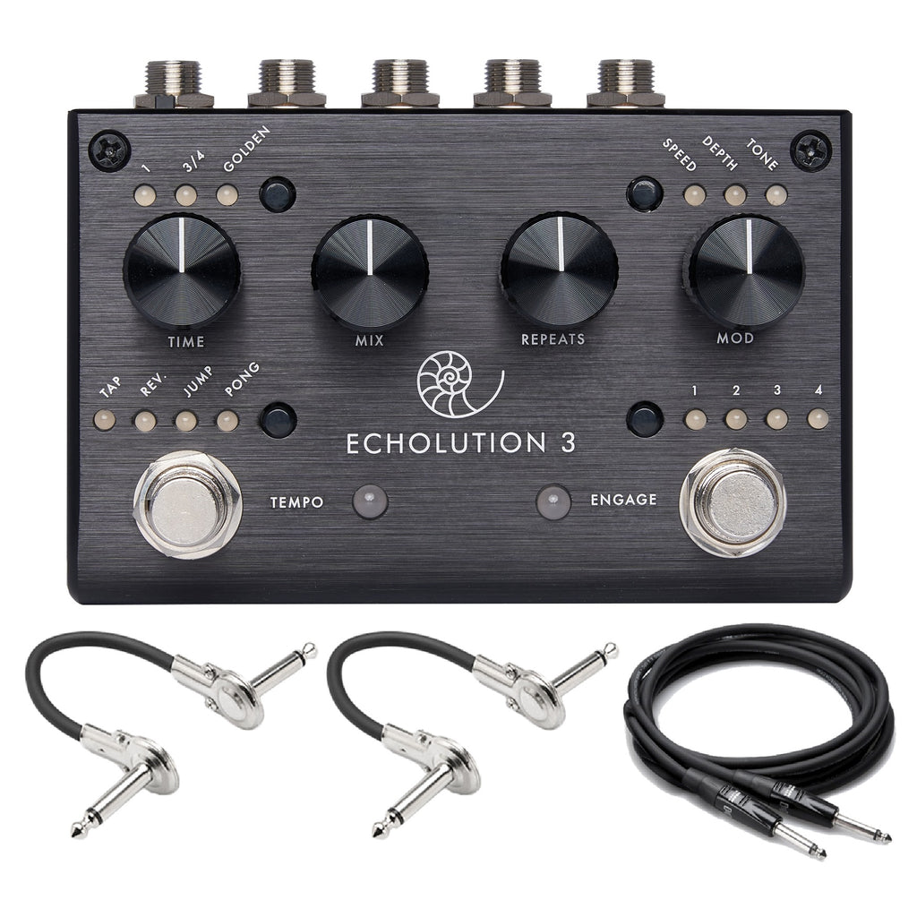 Pigtronix Echolution 3 stereo delay pedal — black front with included patch and guitar cables