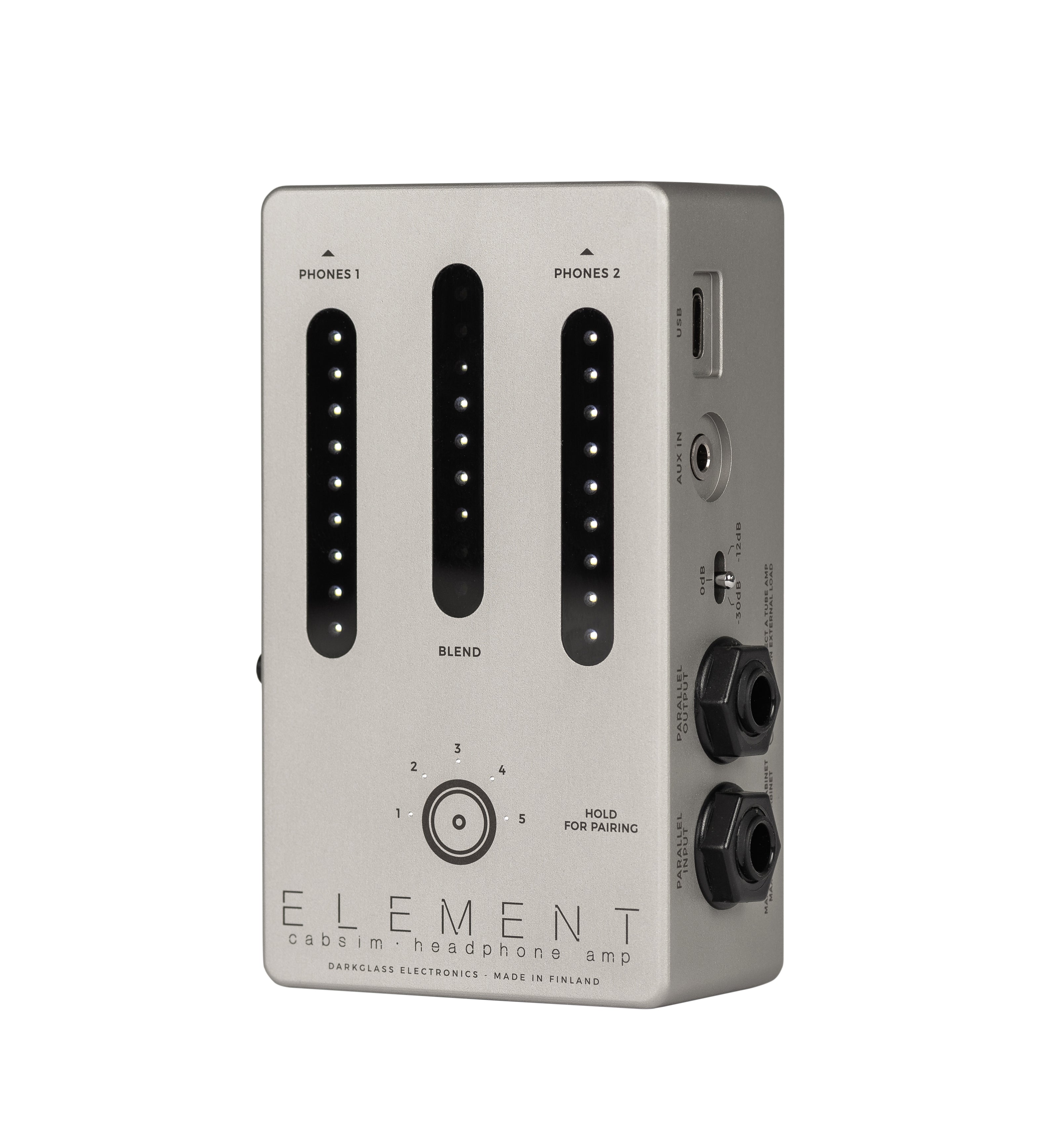 Darkglass Element cabsim headphone amp — silver, top sliders view