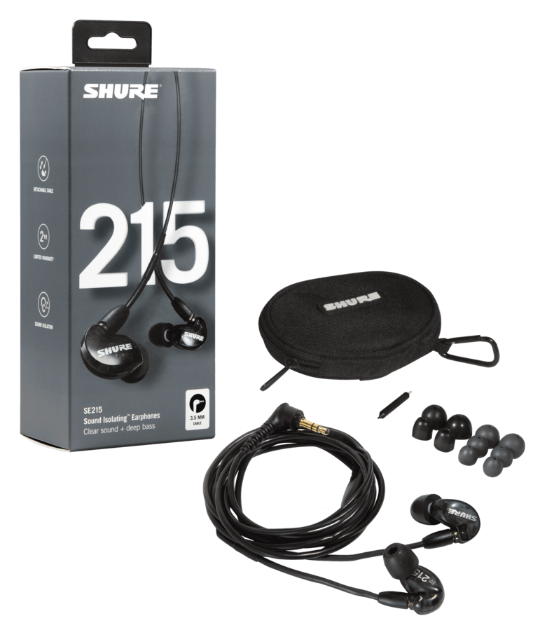Shure SE215 black sound-isolating earphones — earbuds detail