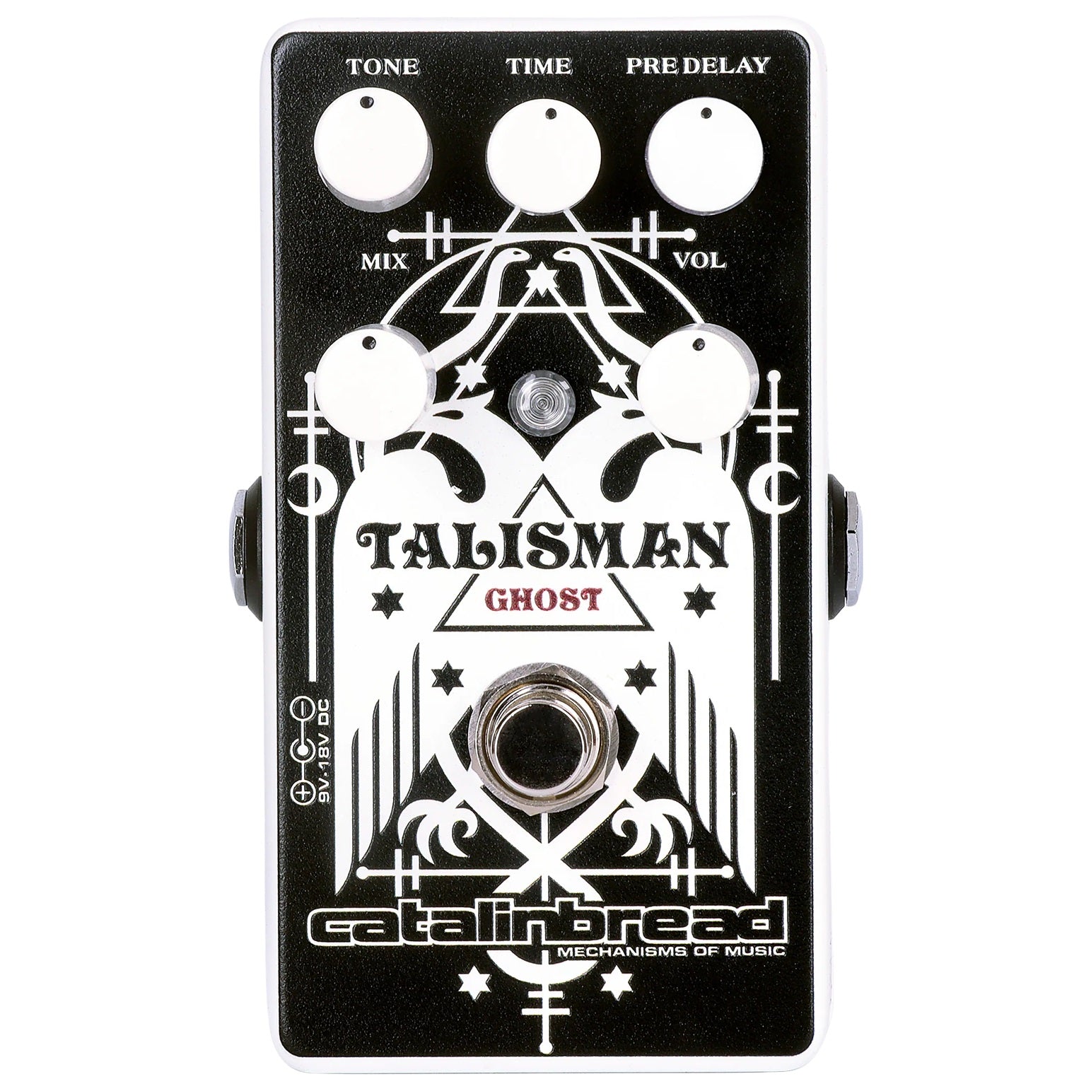 Catalinbread Talisman Ghost plate reverb pedal — black enclosure with white occult graphics, top view