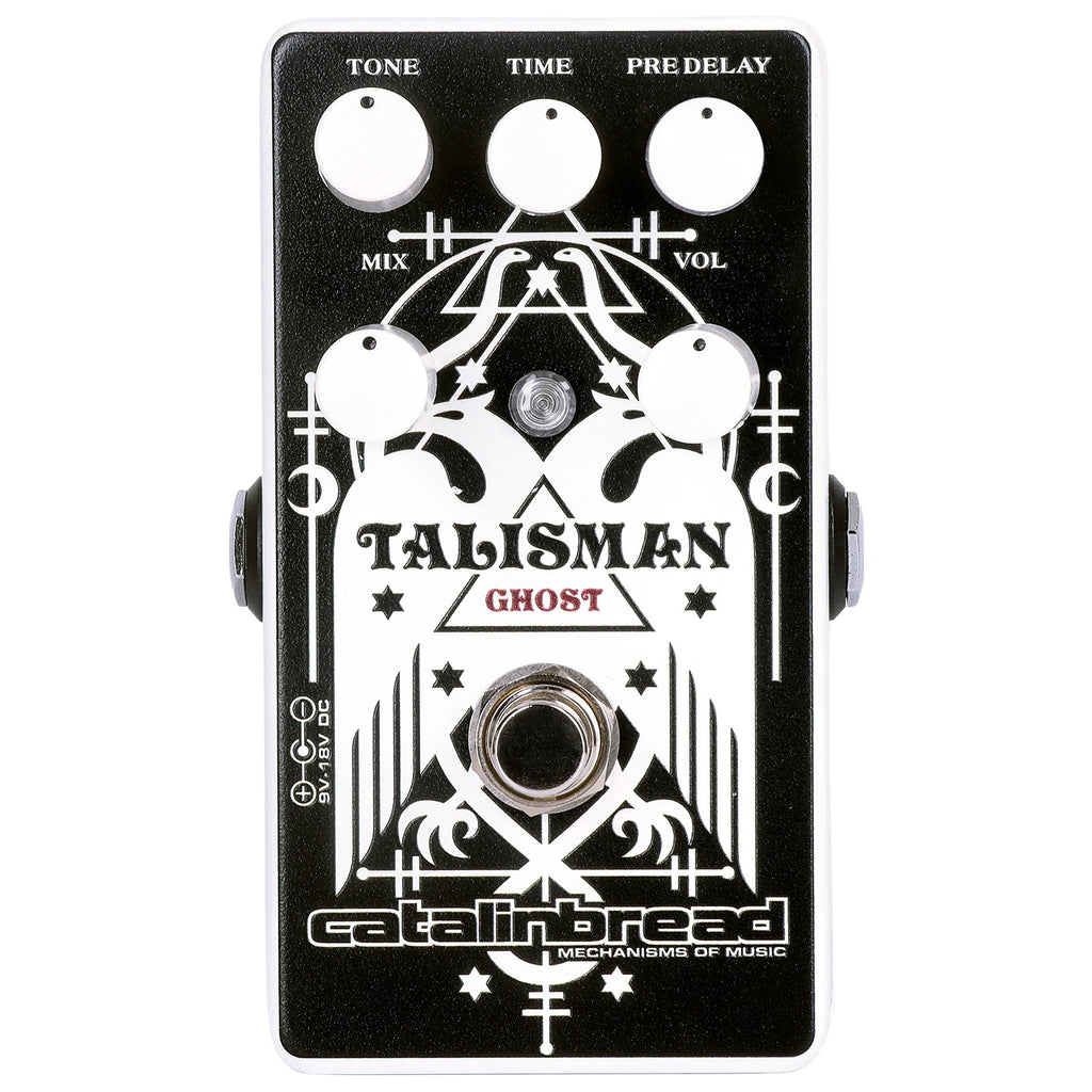 Catalinbread Talisman Ghost plate reverb pedal — angled view of five knobs and footswitch